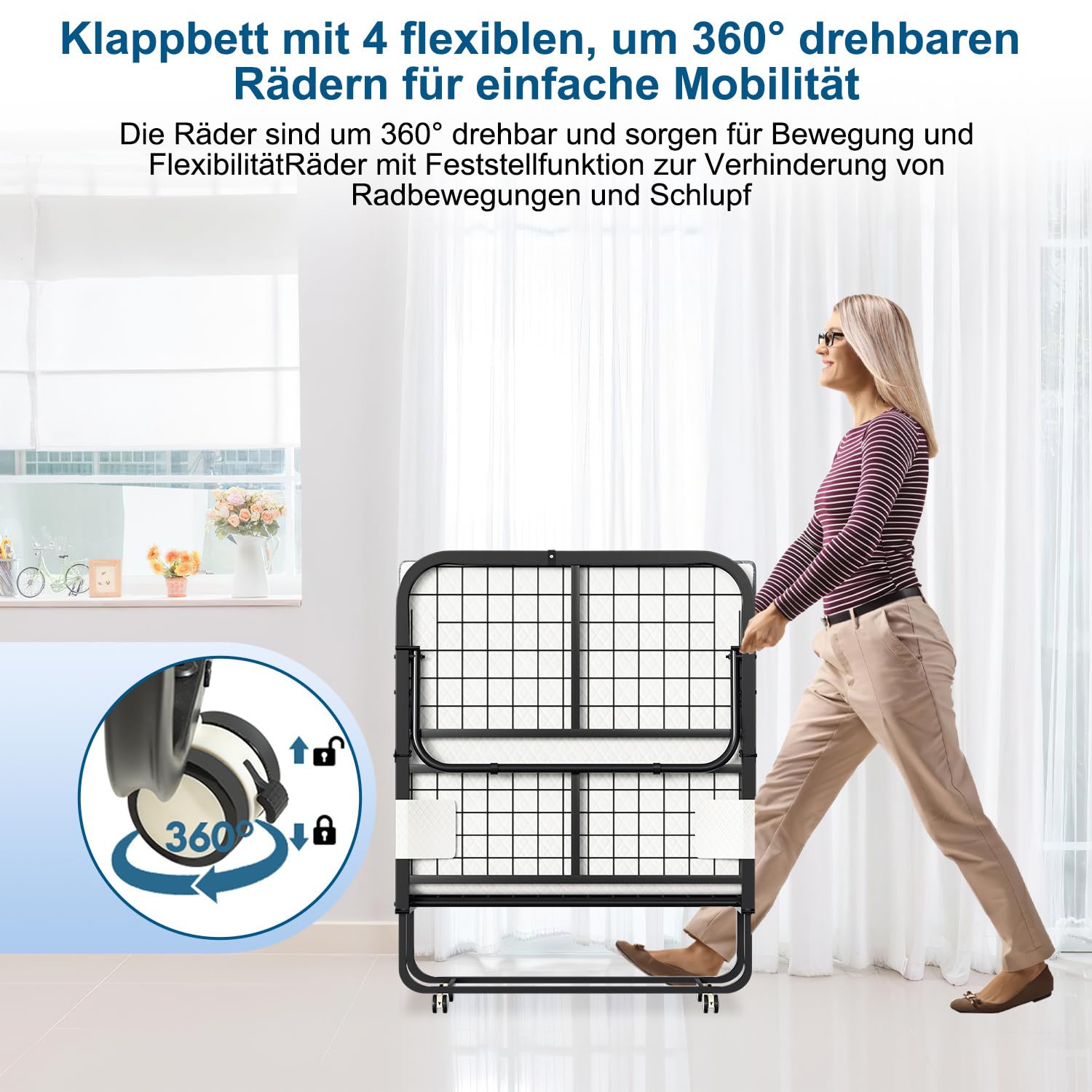 Klappbett 90x200cm, Klappbares Gästebett inkl. 13cm Schaumstoffmatratze und Schutzhülle, ohne Aufbau, Stabiler Metallklapprahmen, mit 4 Laufrollen, Belastbarkeit 200 kg