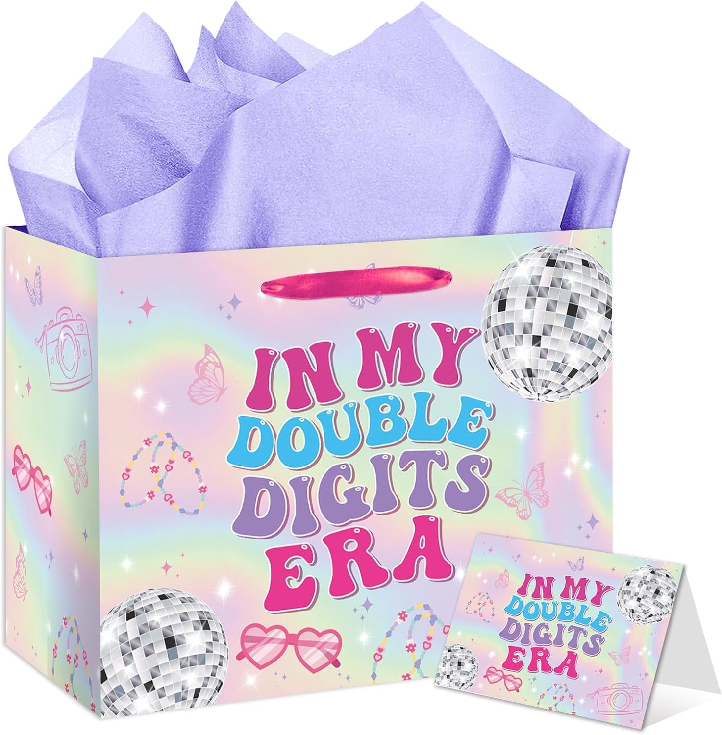 RTMISA 10th Birthday Gift Bag with Tissue Paper and Greeting Card 10 Year Old Birthday Gifts Wrapping Bag for Teen Girls Iridescent Happy Birth Day Party Decorations Supplies for Music Singer Merch