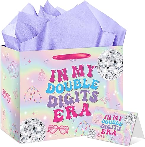 RTMISA 10th Birthday Gift Bag with Tissue Paper and Greeting - 10th Anniversary Gifts For Her