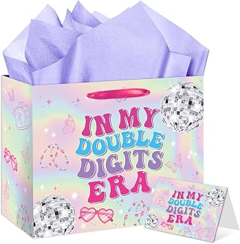 RTMISA 10th Birthday Gift Bag with Tissue Paper and Greeting Card 10 Year Old Birthday Gifts Wrapping Bag for Teen Girls Iridescent Happy Birth Day Party Decorations Supplies for Music Singer Merch