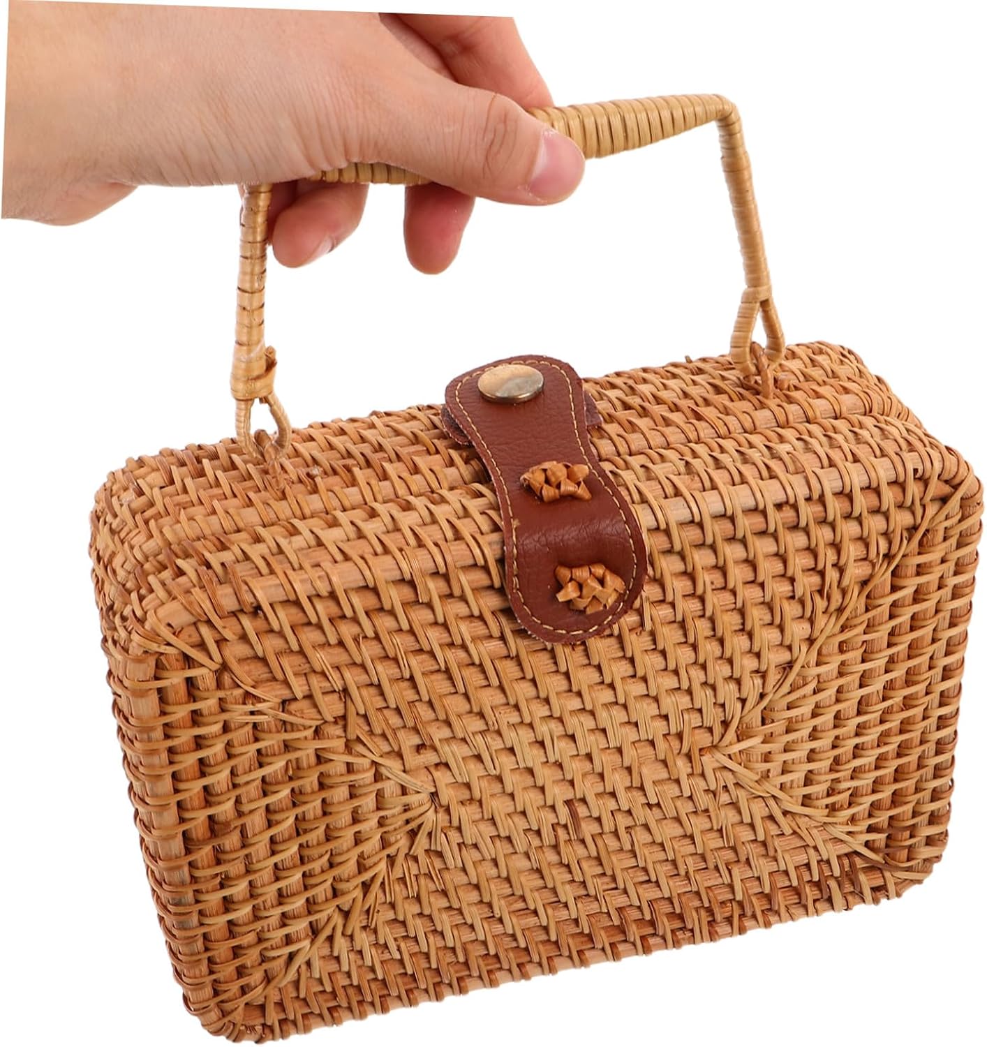 Handmade Boho Vintage Rattan Basket Clutch Featuring Durable Pu Leather Buckle, Practical Small Woven Tote Purse for Women, for Holiday and Garden Outdoor Use