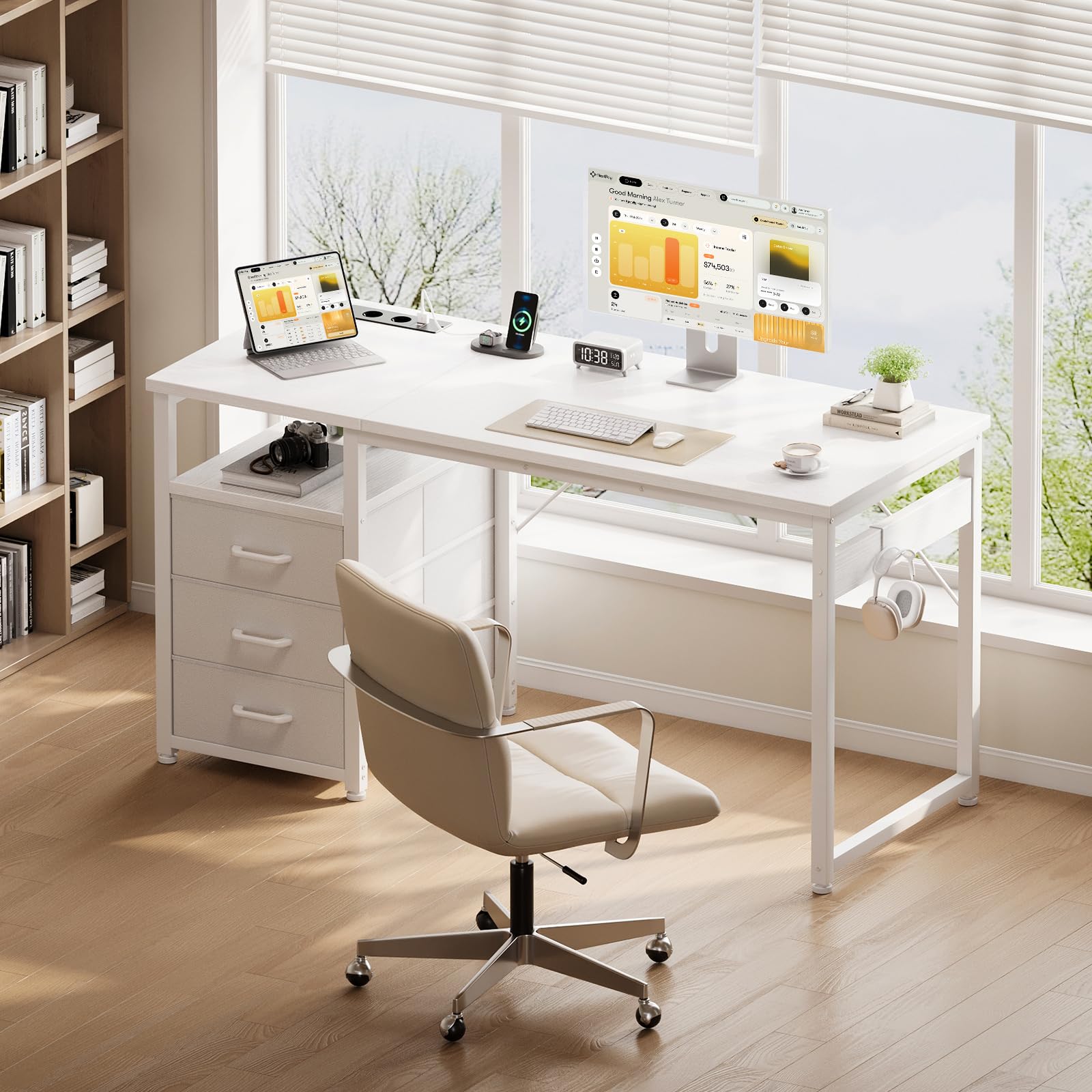 ODK Kleiner Schreibtisch mit 3 Schubladen aus Stoff, 100x48x75,5 cm Computertisch mit 2 Steckdosen und USB-Anschlüssen, Umkehrbarer PC-Schreibtisch Bürotisch für kleines Home Office, Weiß