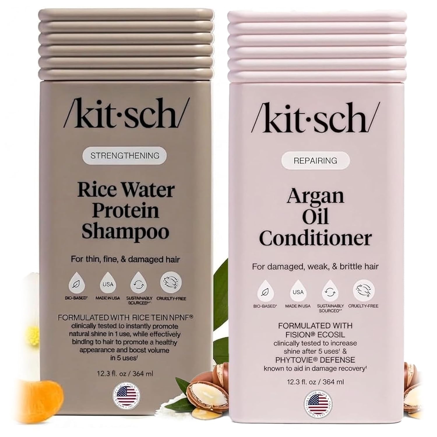Kitsch Rice Water Protein Shampoo & Argan Oil Liquid Conditioner Set – Strengthening Hair Growth Shampoo for Thin, Fine & Damaged Hair + Moisturizing Argan Oil Conditioner for Shine & Smoothness