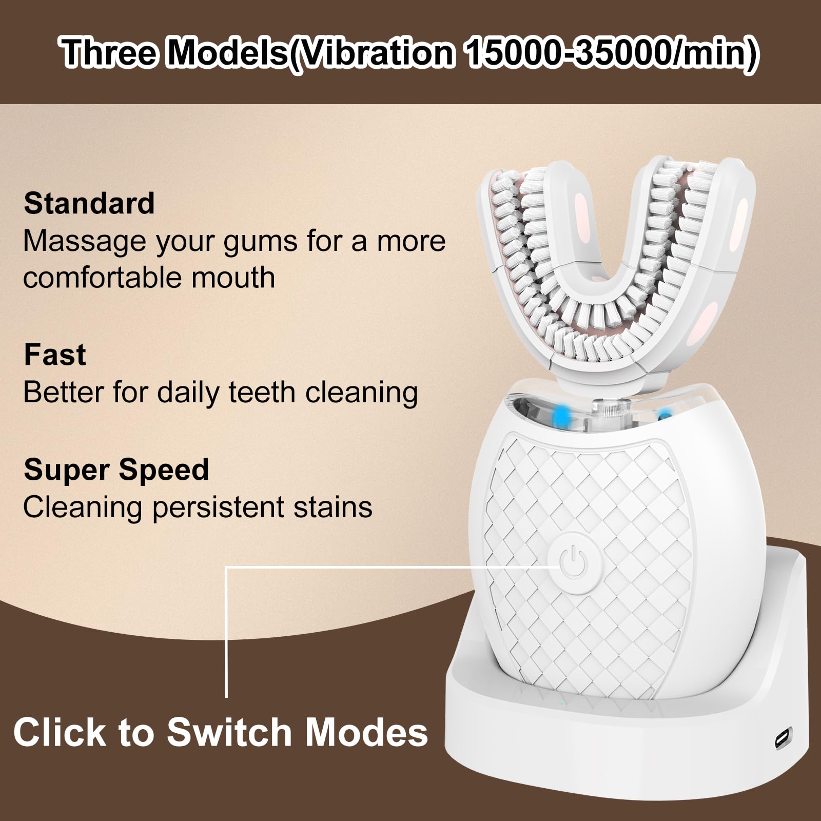 Cepillo de dientes eléctrico en forma de U para adultos, limpieza automática de 360 grados, cepillo de dientes ultrasónico con cerdas de nailon 23760 y 3 modos estándar, rápido, ultrarrápido