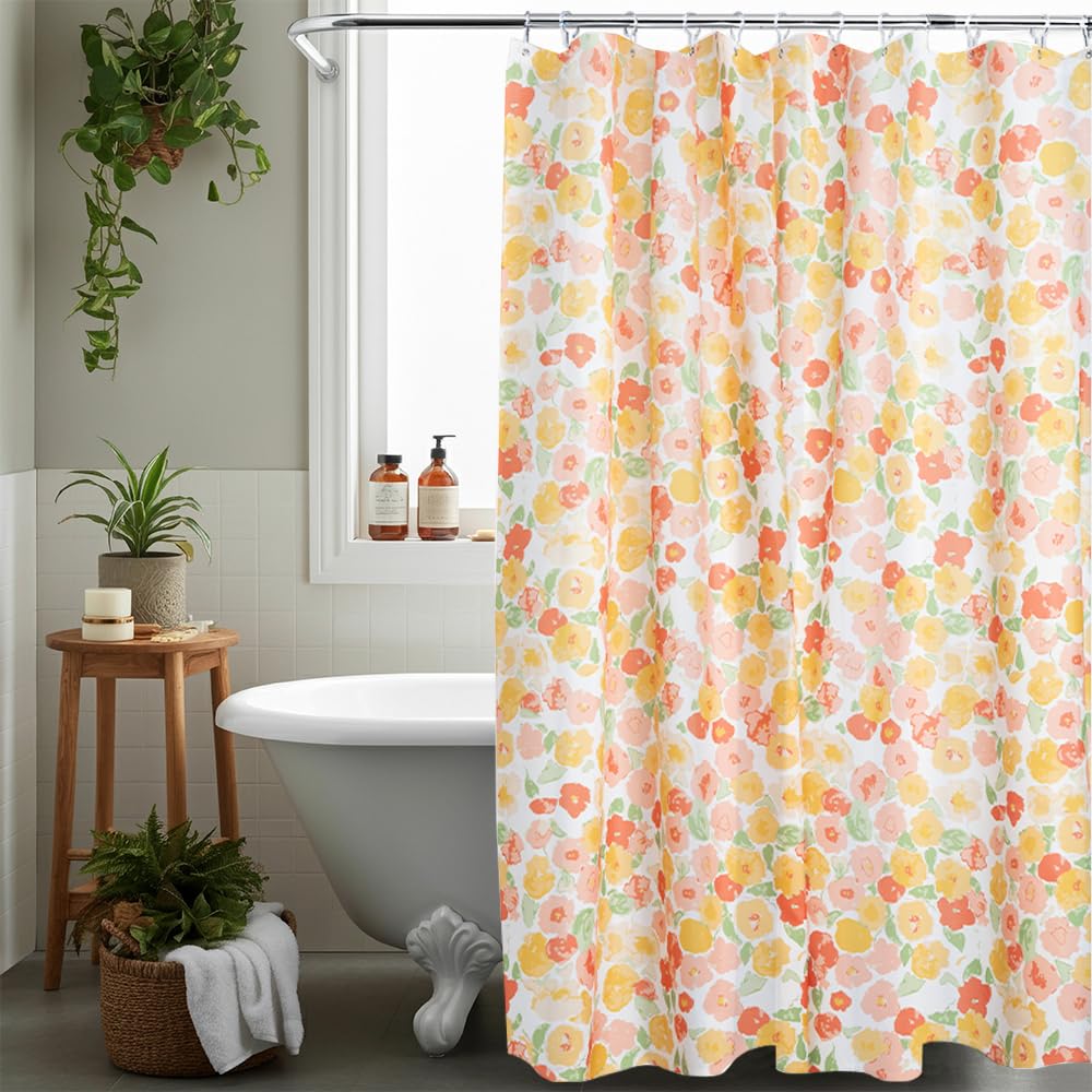 AQUALONA® Premium Shower Curtain, 12 FREE HOOKS INCLUDED - Polyester, Water-repellent Coating, Rustproof Chrome Eyelets - Mildew Resistant and Weighted Hem, 180 x 180 cm (In Bloom)