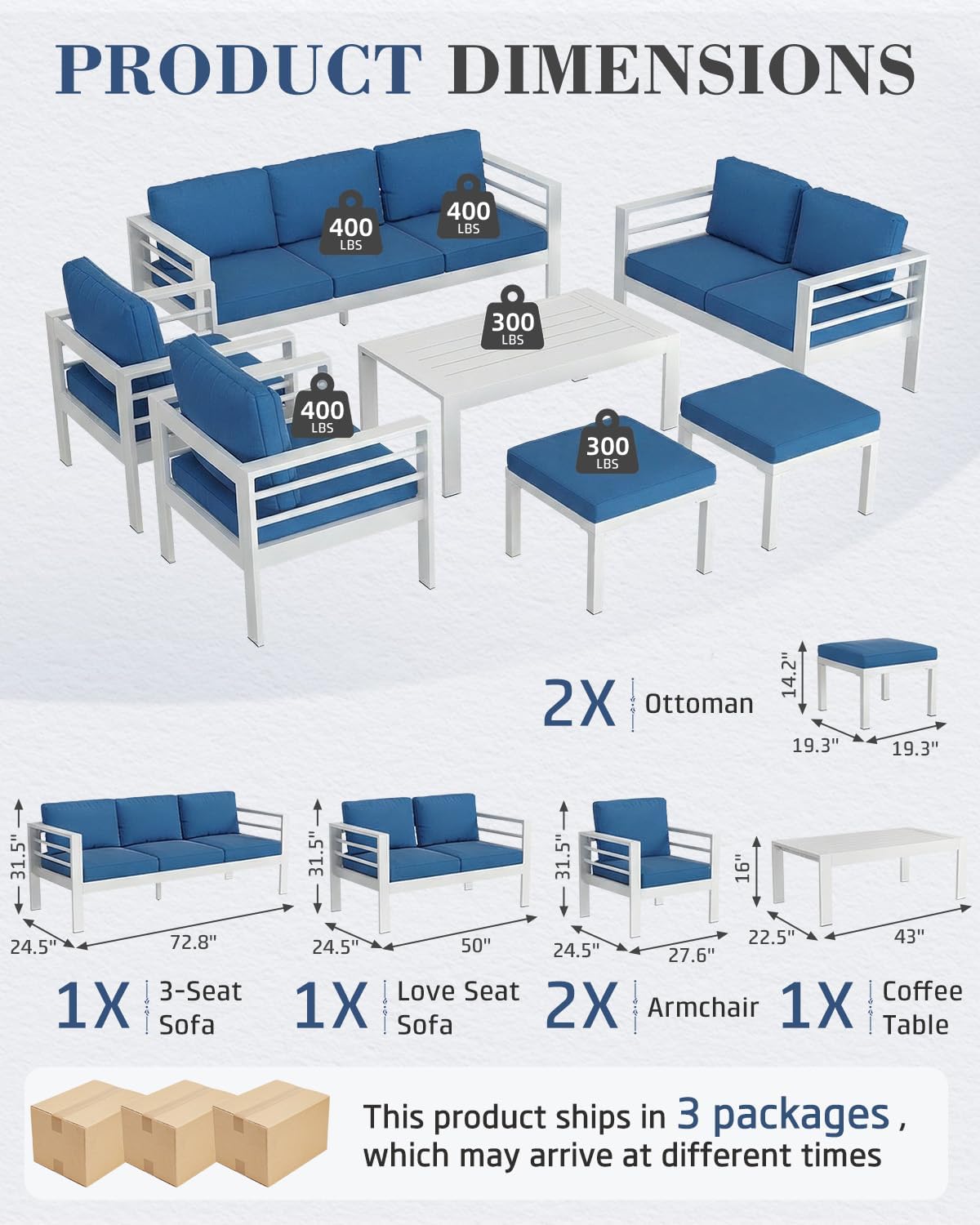 AECOJOY Aluminum Patio Furniture Set, 9 Seats Modern Outdoor Furniture with Coffee Table, 7 Pieces Metal Conversation Sectional Sofa, White Frame/Blue Cushion