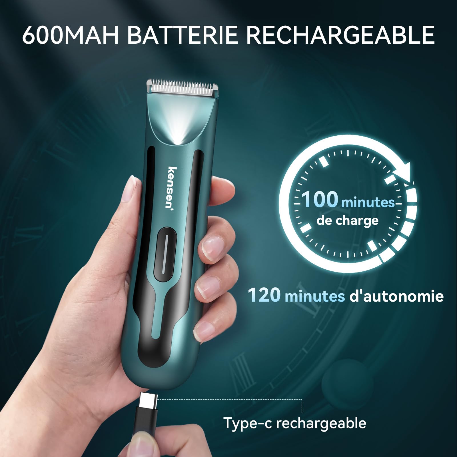 KENSEN Tondeuse Corps Homme Partie Intime Étanche IPX7 120 Min Autonomie Rechargeable avec Lumière LED et USB Charge pour Aisselles Maillot Poils Intimes Vert…