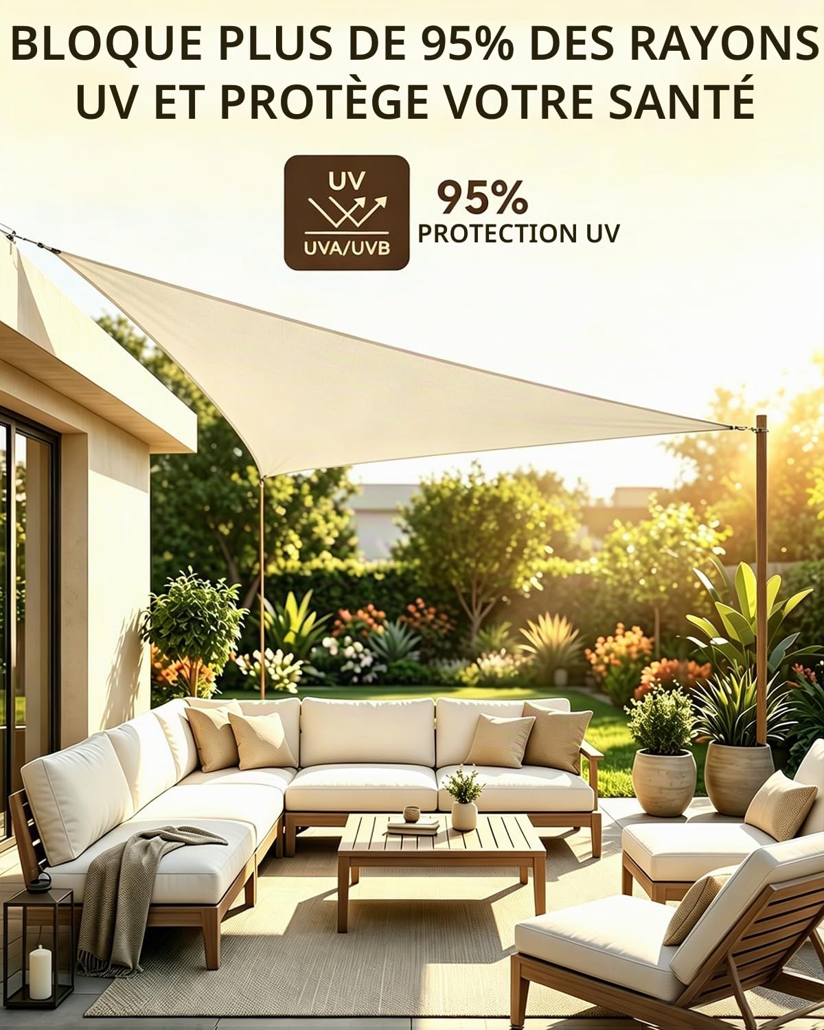 Voile d'ombrage triangulaire, 3 x 4 x 5 m, imperméable, protection solaire, coupe-vent, en polyéthylène haute densité de qualité supérieure, résistant aux intempéries, respirant avec 95 % de