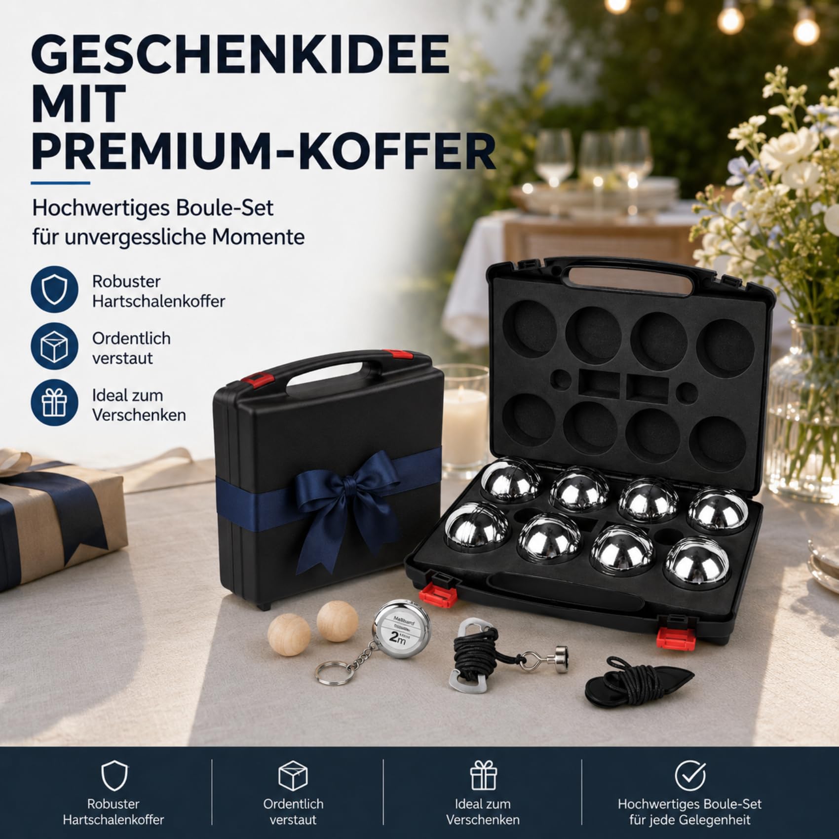 Boule Set 6/8 Metallkugeln mit Hartschalenkoffer–Petanque & Boccia Spiel mit Zielkugel, Abstandsmesser & Tragetasche, Outdoor Gartenspiel für Erwachsene, Camping & Familie
