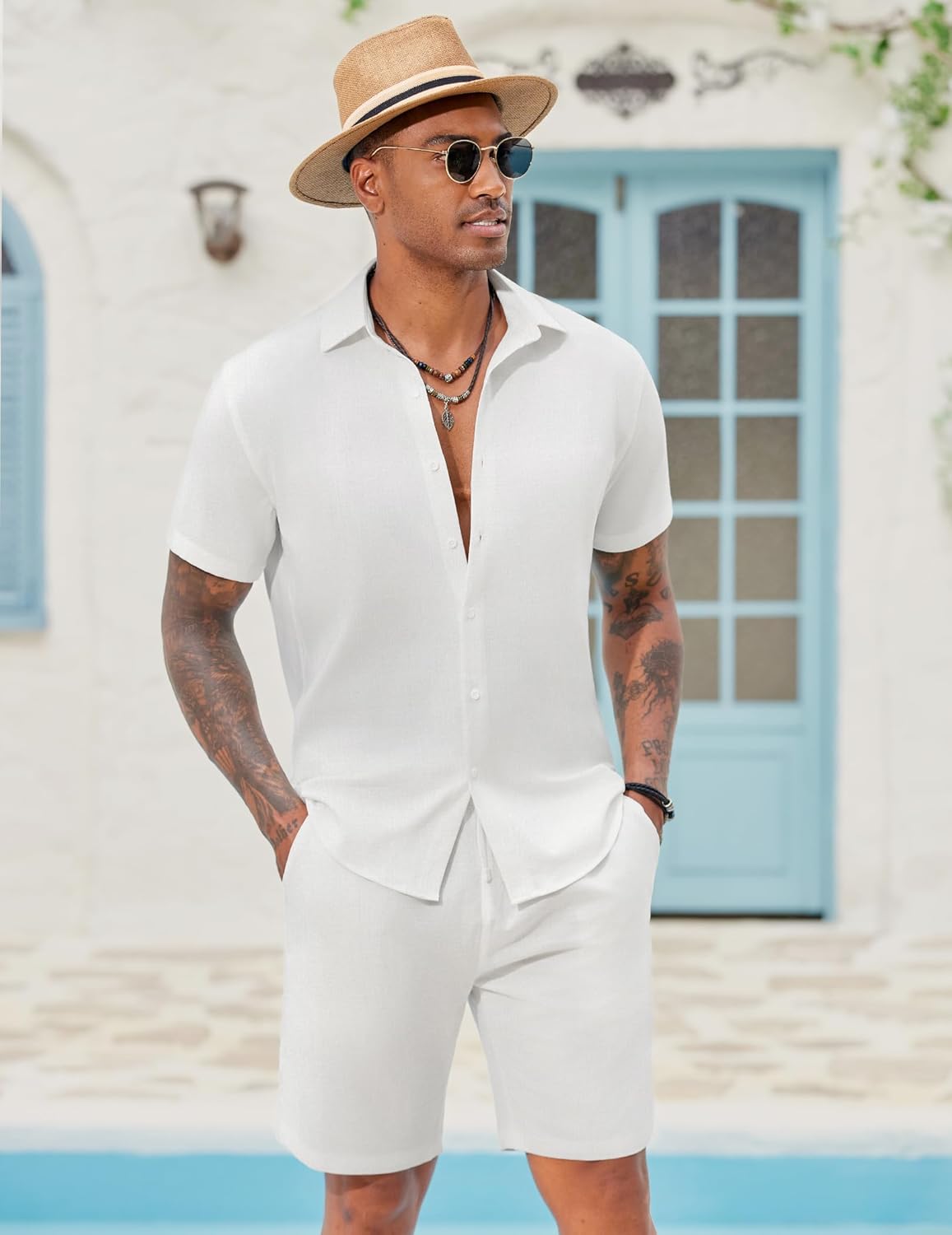 COOFANDY Men's 2 Pieces Cotton Linen Set Short Sleeve Button Down Shirts Summer Beach Shorts Casual Outfits - Image 4