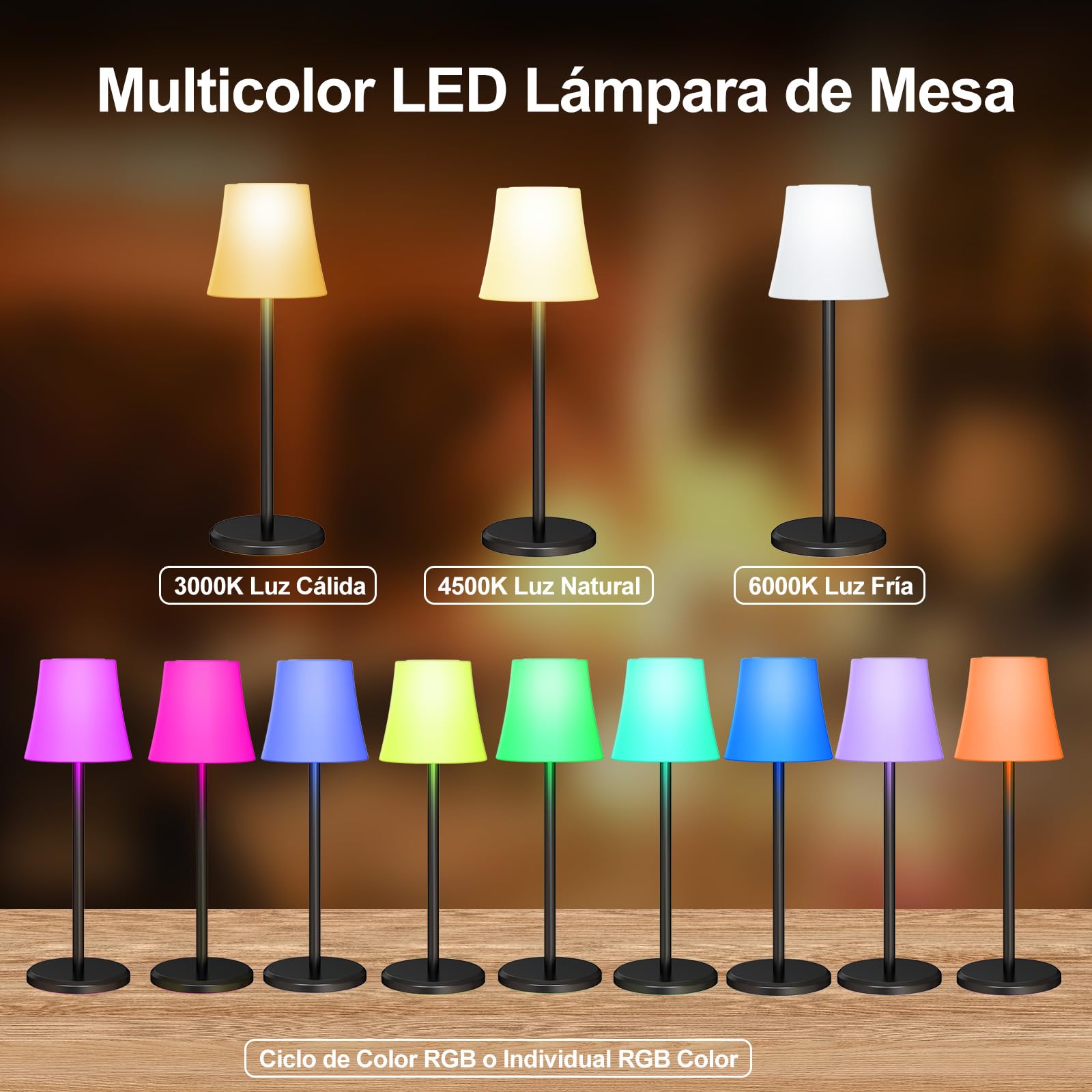 Suright Lámpara de Mesa Inalámbrica con 3 Temperaturas de Color+RGB, Lámpara de Noche Recargable Brillo Ajustable, Lámpara de Escritorio IP54 Impermeable para Restaurante, Dormitorio, Camping