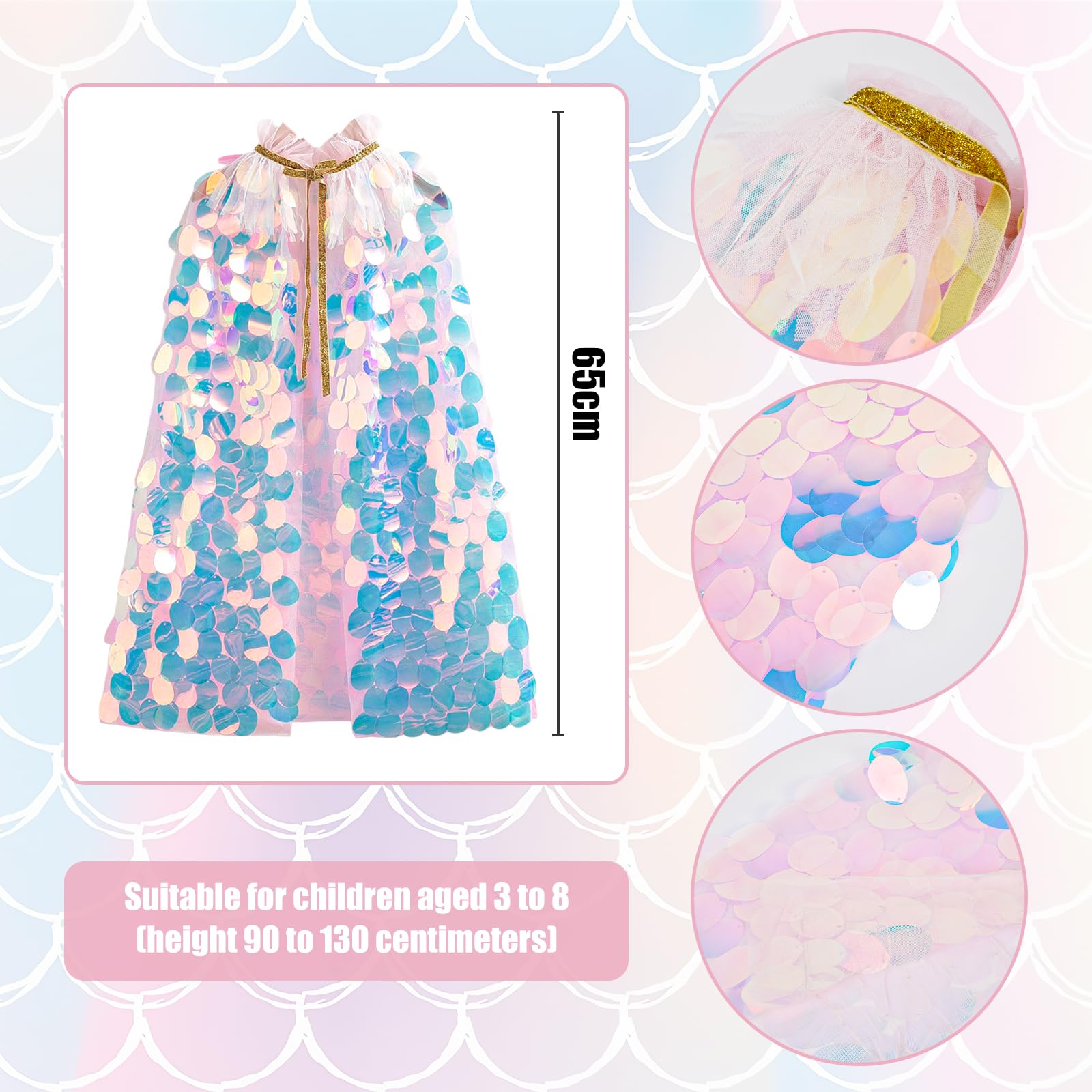YOOCHUENG Sequin Cape Set for Girls 3-8 Years,Colorful Princess Costumes Shiny Cloak Fancy Dress Up with Accessories for Role Play Birthday Halloween Party Large Oval Sequins - Image 4