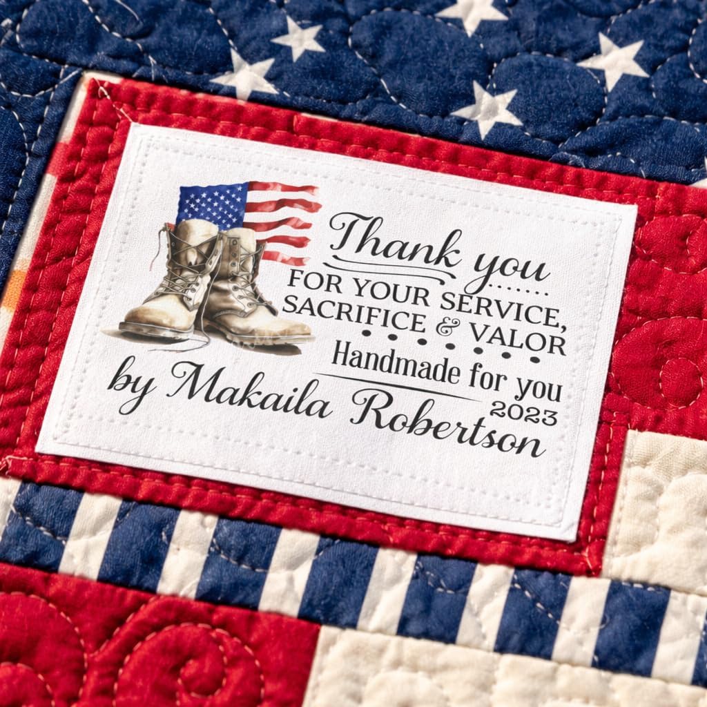 Personalized Patriotic Quilt Label – Thank You for Your Service – Custom Name & Year – Military Quilt Tag – Cotton Sew-On Fabric Labels – 4 per Sheet