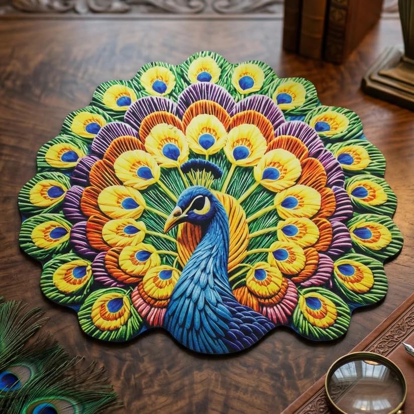 Image of Trendymart Blue Arctic Dream Decore Handmade Peacock Floral Rangoli Mat - Lightweight, Reusable Decorative Floor Mat with Wool Felt Backing (55x 55 cm).