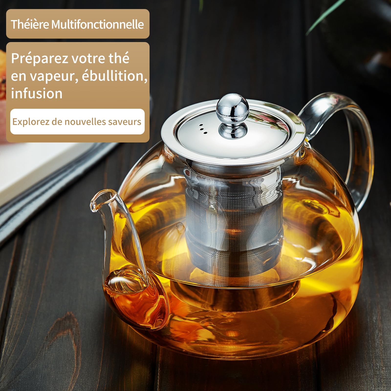 MESNEY Théière en verre de 1200 ml avec infuseur - Passe au four à thé en borosilicate résistant à la chaleur pour thé en vrac, passe au micro-ondes et au lave-vaisselle