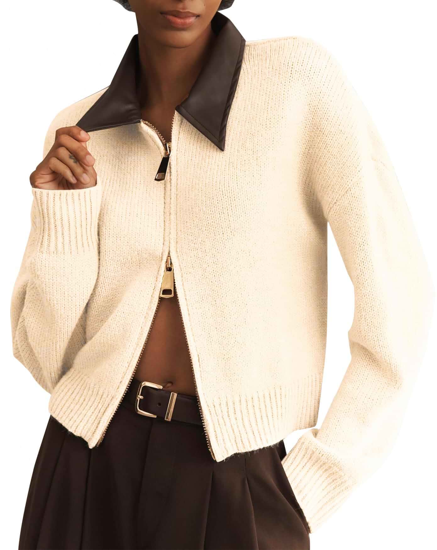 EZAPINE Womens Cropped Cardigan Sweaters Fall Winter Zip Up Lapel Collared Long Sleeve Open Front Chunky Knit Top Long Sleeve
