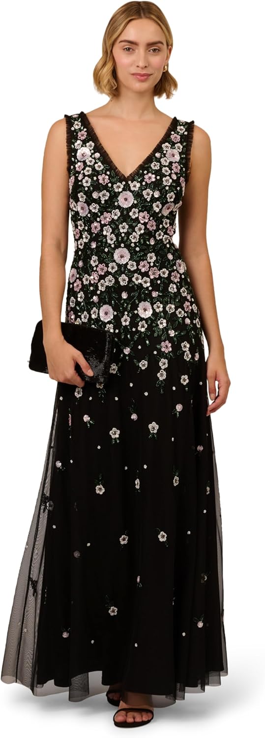 Adrianna Papell Square Neck Short Sleeve Beaded Godet Gown - Image 4