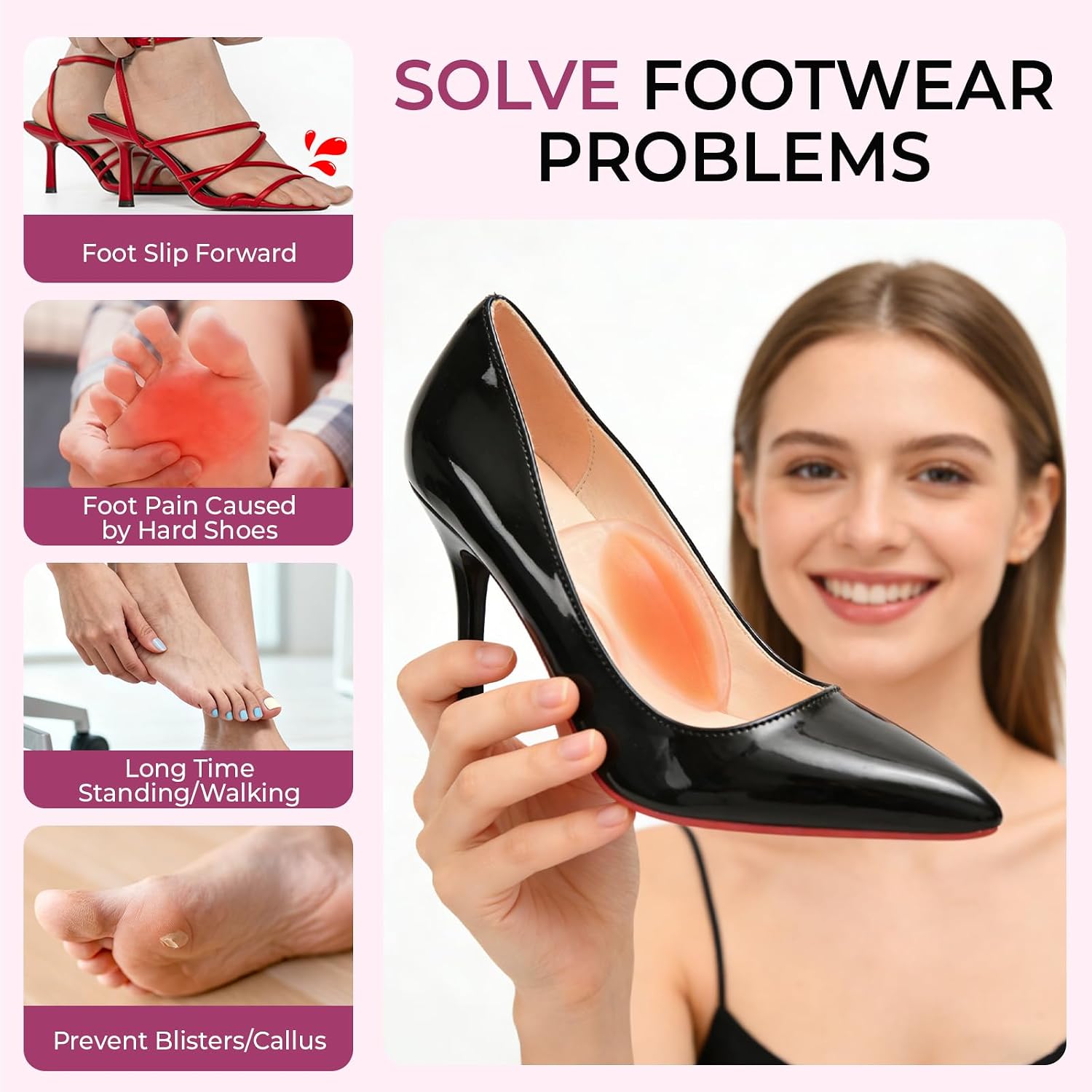 Gel Arch Support Inserts Women - Welnove Soft Cushions Arch Support for Flat Feet Plantar Fasciitis Foot Pain Fatigue Relief - Long-Lasting Adhesive Pads for Heels Sandals Flats (0.24" + 0.4" Height)