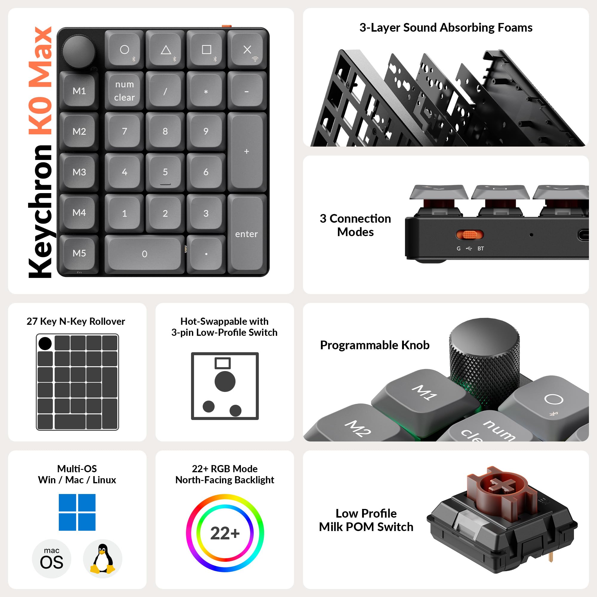 Keychron K0 MAX Teclado Numérico Inalámbrico Low-Profile, 27 Teclas, 1000Hz Polling Rate, Numpad Programable, 2,4 GHz/Bluetooth 5.3 / USB-C, Knob, Intercambiable en Caliente, Interruptore Marrone