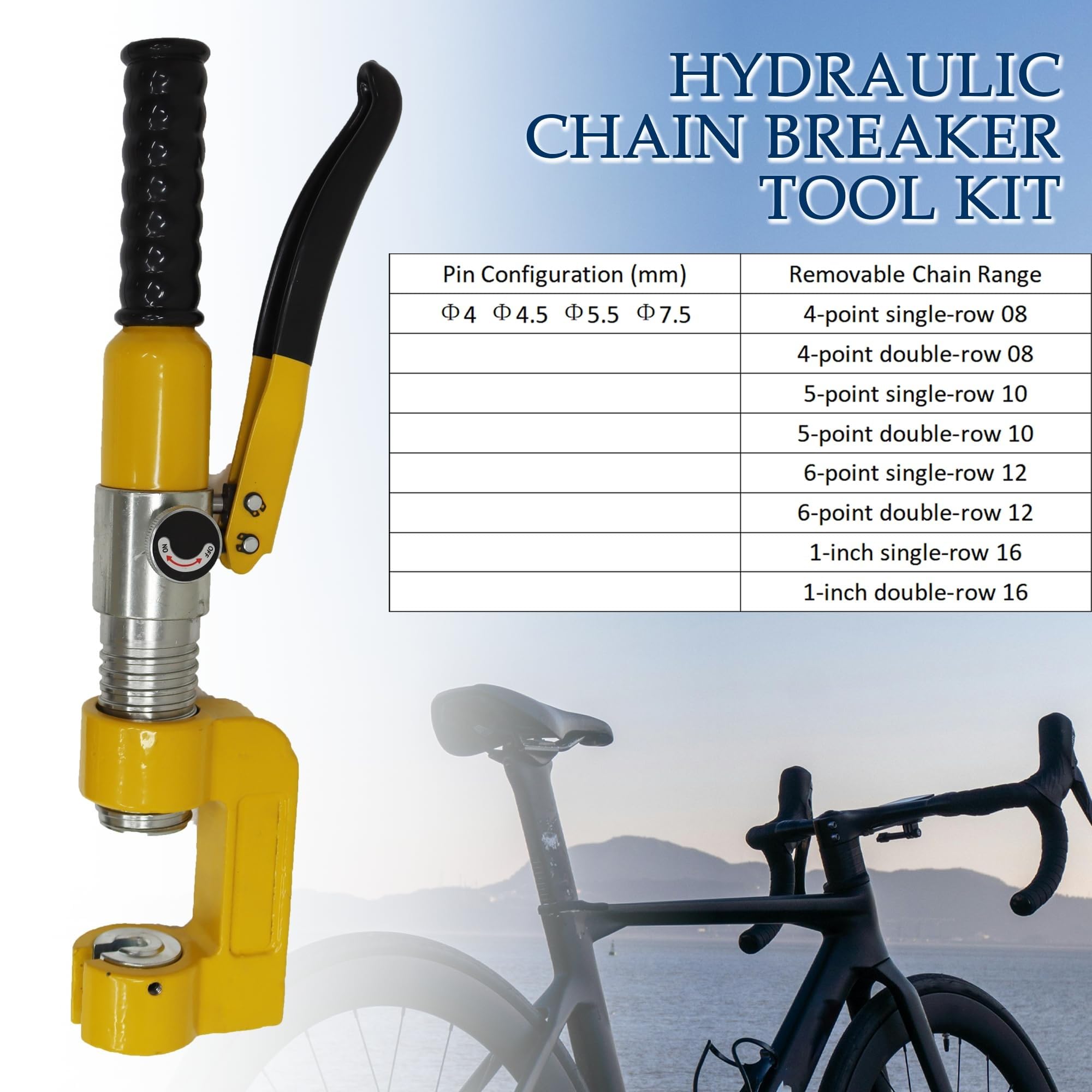 Hydrauliczny zestaw narzędzi do łamania łańcucha, pojemność 3 ton, rozmiar otworu 18-54 mm, zawiera kołki wypychacza do łańcuchów motocyklowych