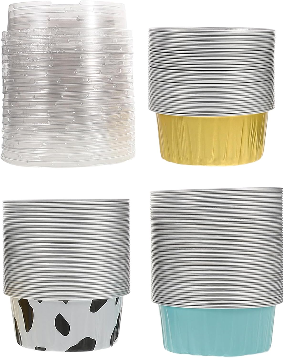 Homoyoyo 120pcs Foil Baking Cups with Plastic Lids, Mini Cupcake and Muffin Tins Set in Gold, Cow Print, and Light Blue, Disposable Aluminum Foil Ramekins for Air Fryer and Oven Baking,