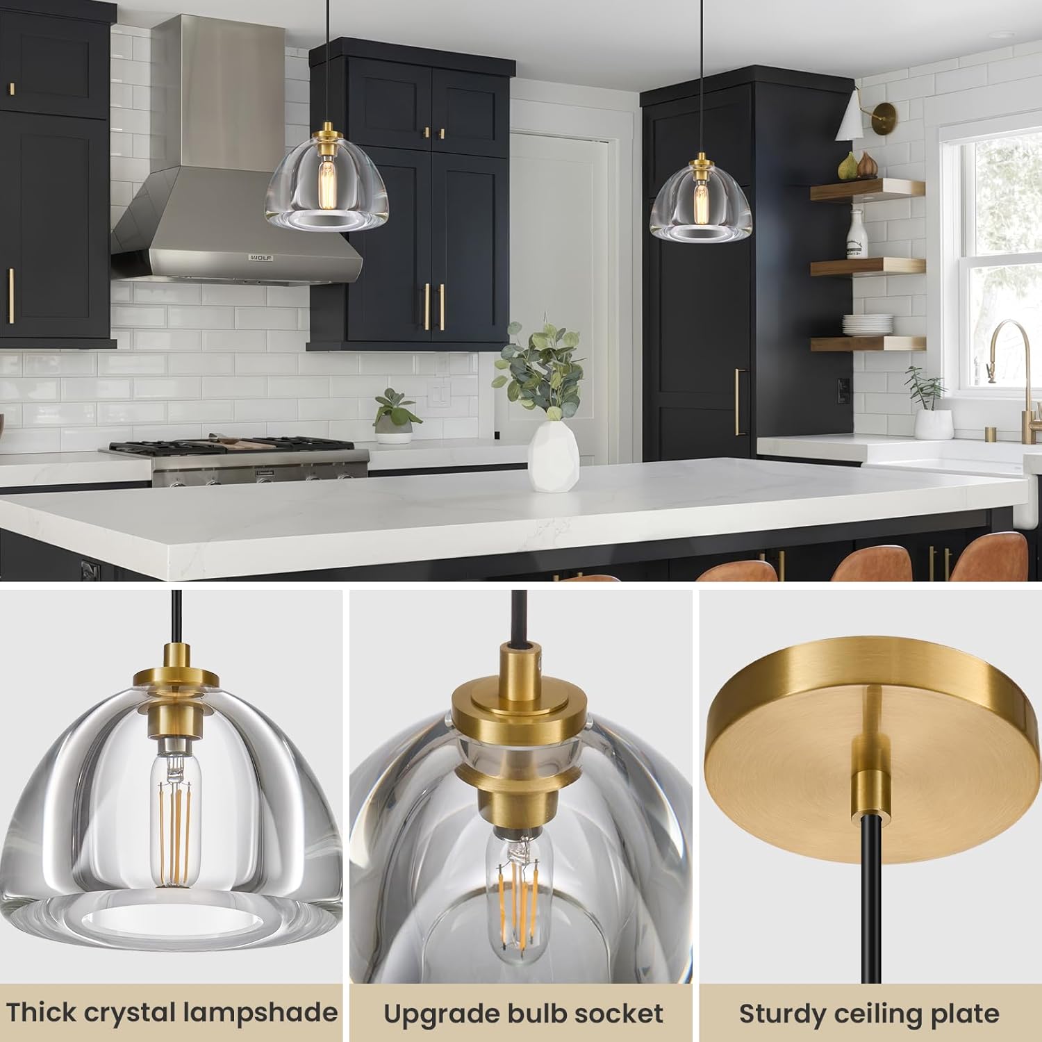 Crystal Pendant Light Kitchen Island: 7" Vintage Brass Hanging Lights above Dining Table - Modern K9 Crystals Lighting over Kitchen Sink - Luxury Gold Hemispher Pendants Light Fixtures Bulbs Included