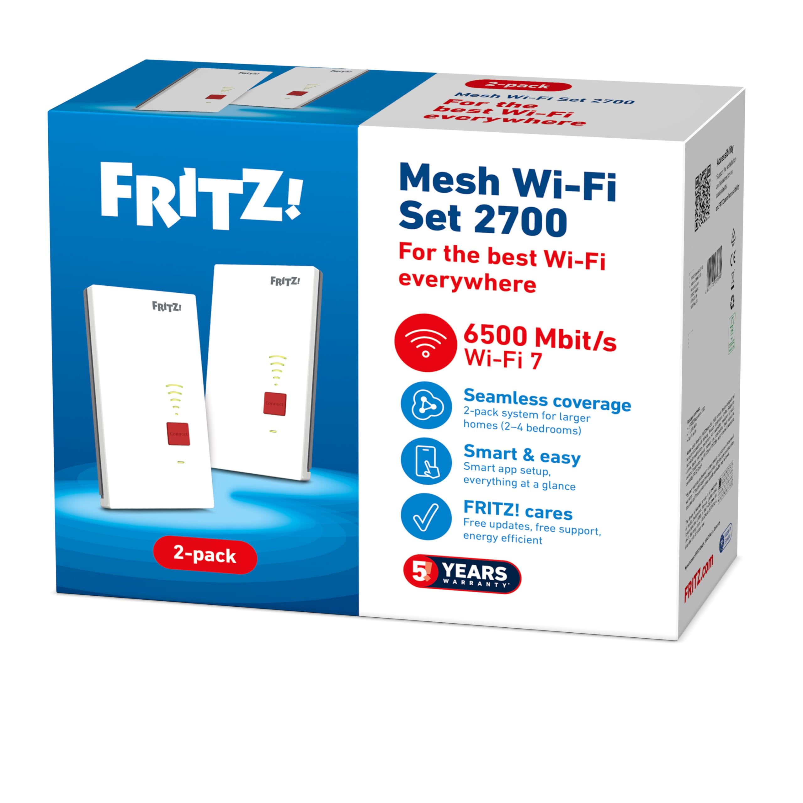FRITZ!Mesh Set 2700 Pack de 2 | Cobertura 3-5 hab.| Wi-Fi 7, 6,5 Gbps | Wi-Fi dual band (2,4/5 GHz): para streaming en 4K y juegos, perfecto para router y módem de fibra óptica. Made in Europe