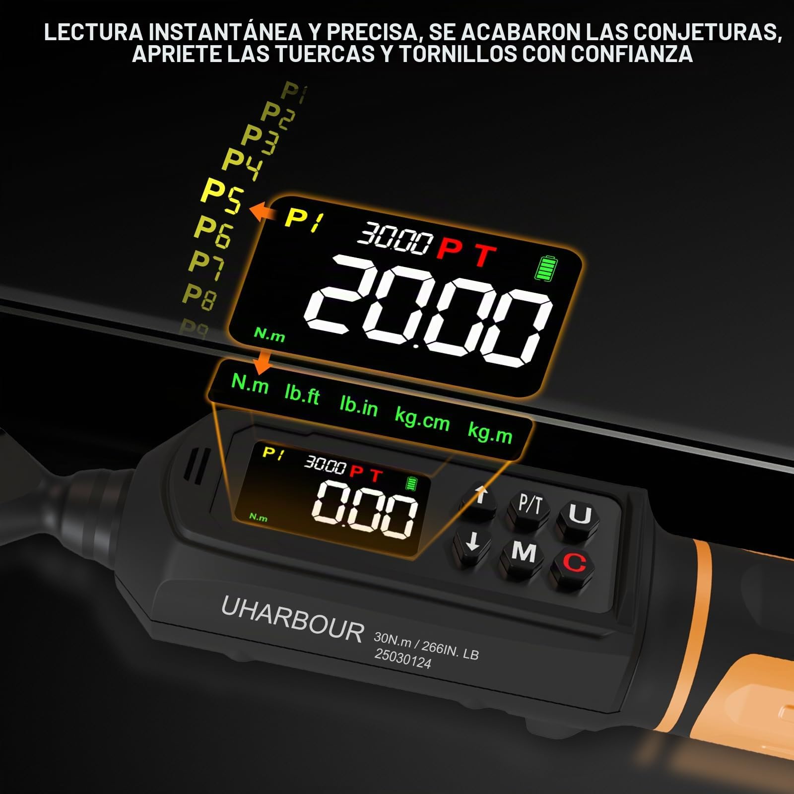 Uharbour Llave Dinamométrica Digital de 1/4", Rango de 1,1-22,1 ft-lb / 1,5-30 Nm, Llave Dinamométrica Eléctrica con Trinquete de Doble Dirección, Precisión de ±2% con Vibración, Zumbador y Alerta LED