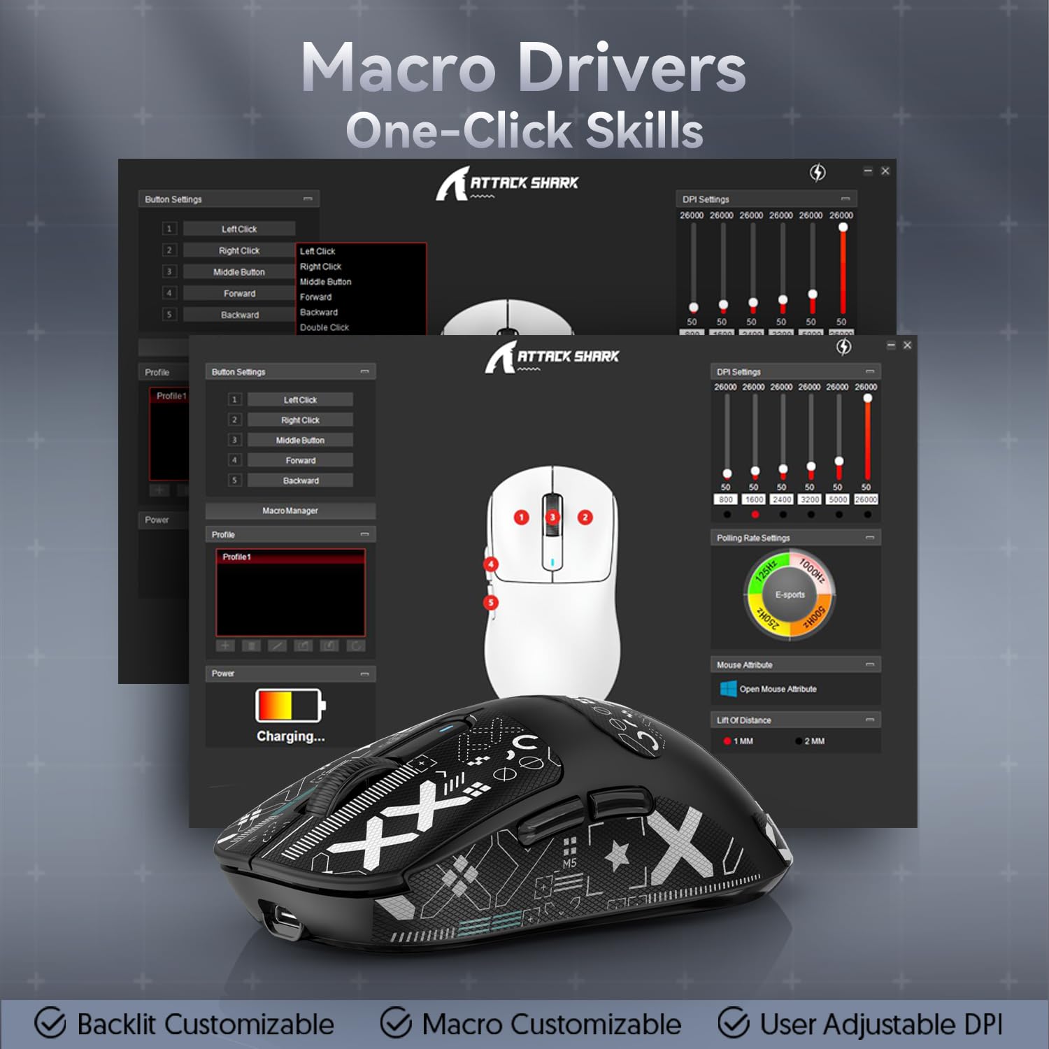 ATTACK SHARK X3 49g Superlight Mouse con Cinta, PixArt PAW3395 Gaming Sensor, BT/2.4G Wireless/Wired Gaming Mouse, 6 dpi Ajustable 26000, 200 Hrs Battery, Office Mouse para Win11/Xbox/PS/Mac (Negro)