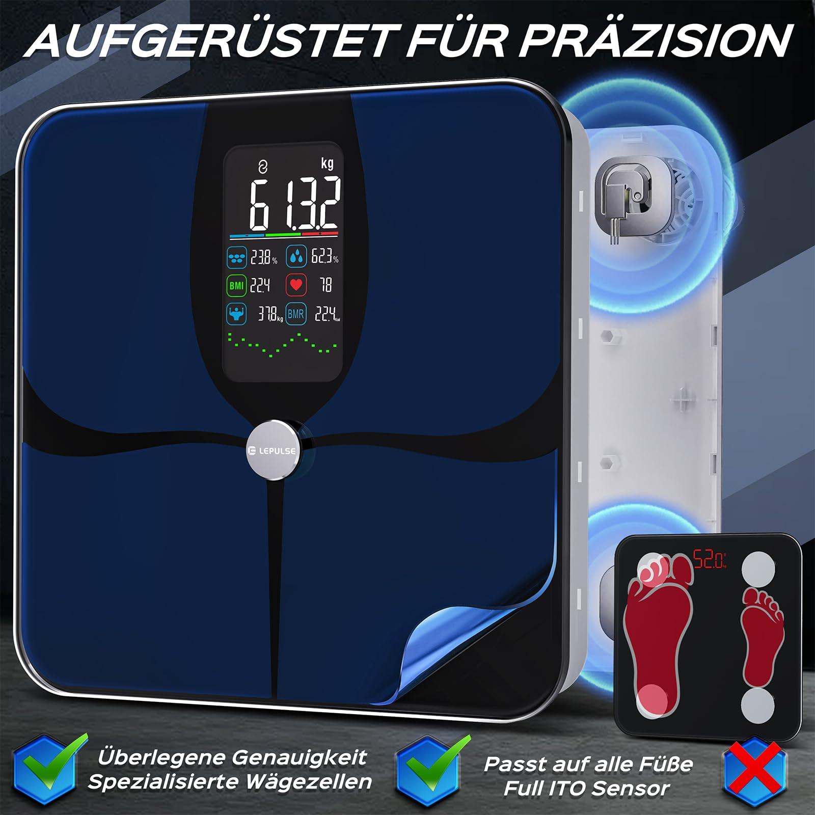 Bilancia Pesapersone Digitale, Bilancia Impedenziometrica Professionale, Smart Bilancia Massa Magra e Grassa BMI con 22 Indici, Bilancia Pesapersone Professionale con App (Ricaricabile)