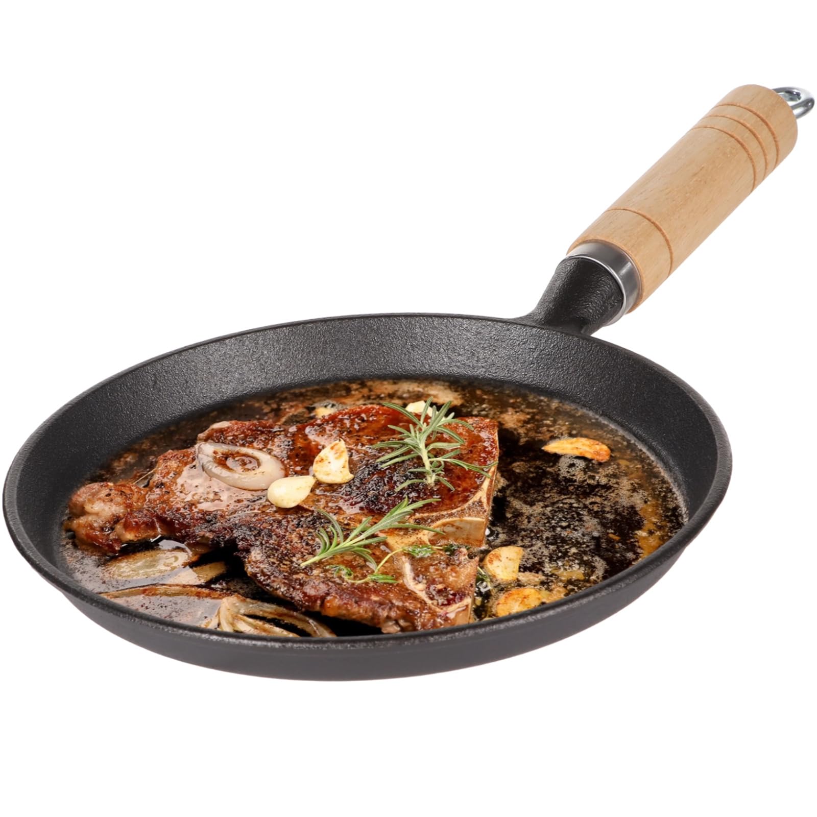 SWEWARM Cast Iron Pan with Wooden Handle, 7.9 in Round Cast Iron Frying Pan, Small Cast Iron Grill Pan for Steak Pancake Veggie, Induction and Gas Compatible, Outdoor Camping Cooking Skillet
