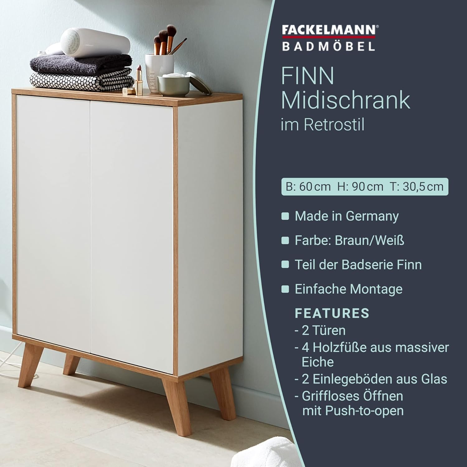 FACKELMANN Finn bathroom furniture set 2 pieces/double midi cabinet with Push-to-Open for bathroom / 4 wooden feet / bathroom cabinet with 2 doors / body and front: white/frame and legs decoration