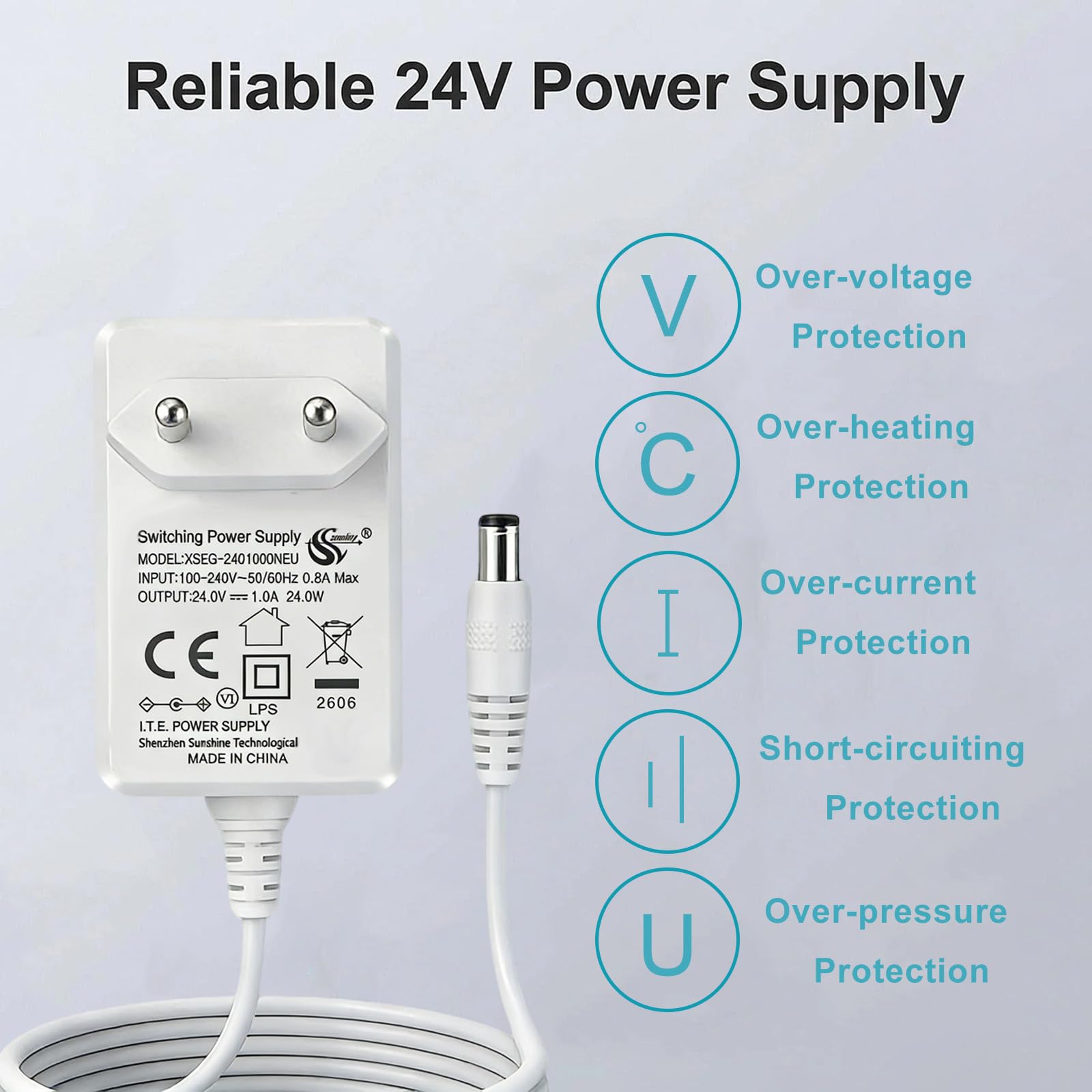 24V 1A Fuente de Alimentación Universal para Tiras LED, Adaptador 24W de Transformación AC 200-240V a DC 24V con Cable 1,5m, Enchufe EU, Conector DC 5,5 x 2,1mm, Cargador 24v — view 4