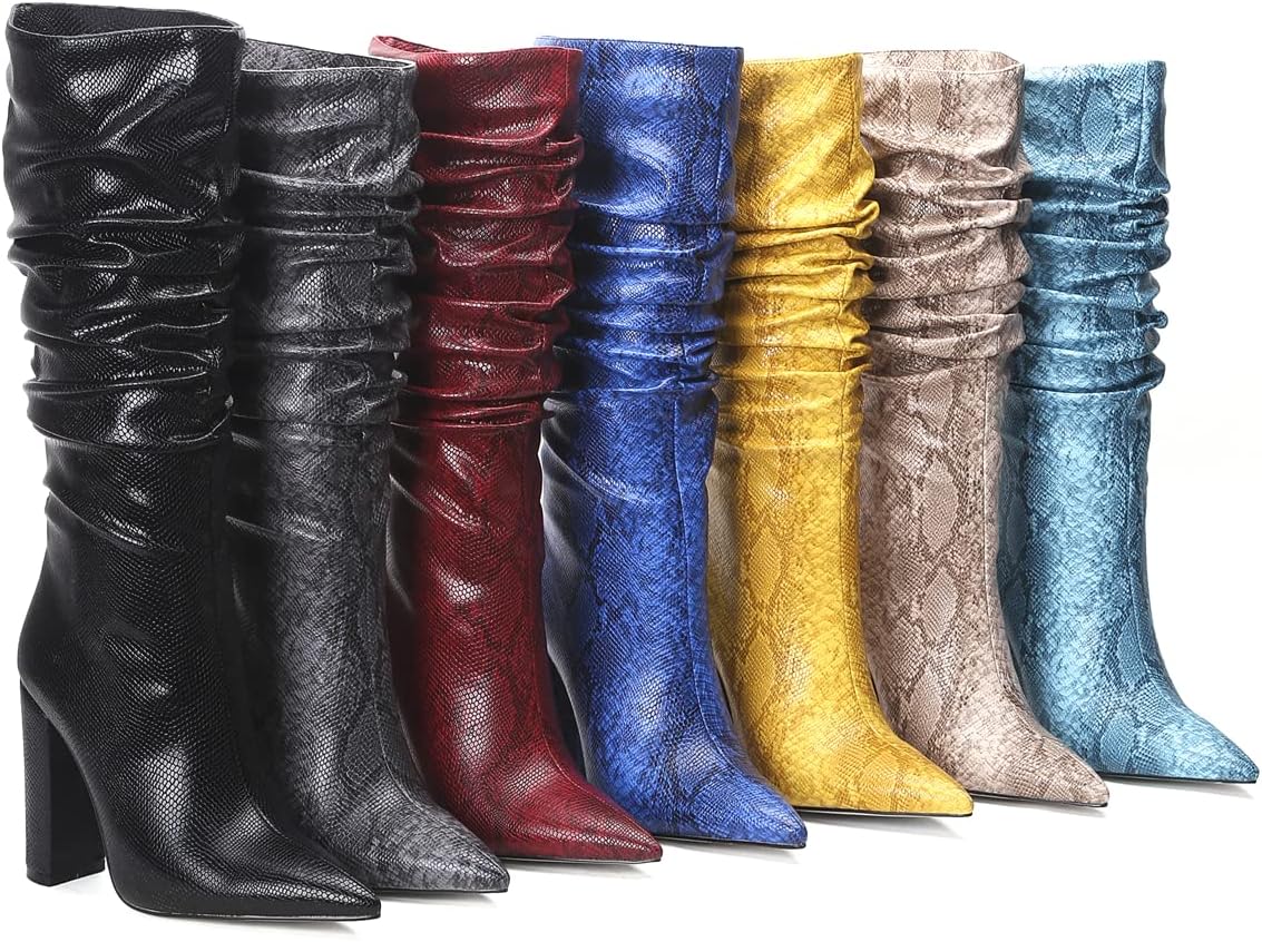UP2STEP Women Sexy Snake Skin Prints Slouchy Knee High Boot Chunky Heel Pointed Toe Block Heel Dress Boots
