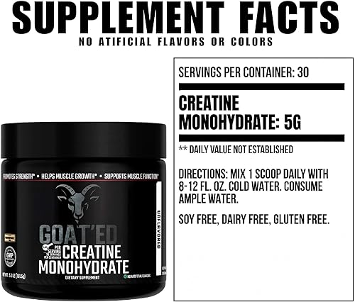 Miniatura 5 de GOAT'ED Monohidrato de creatina en polvo, negro, 5.3 onzas, certificado GMP, soporte para el crecimiento muscular, sin sabores artificiales