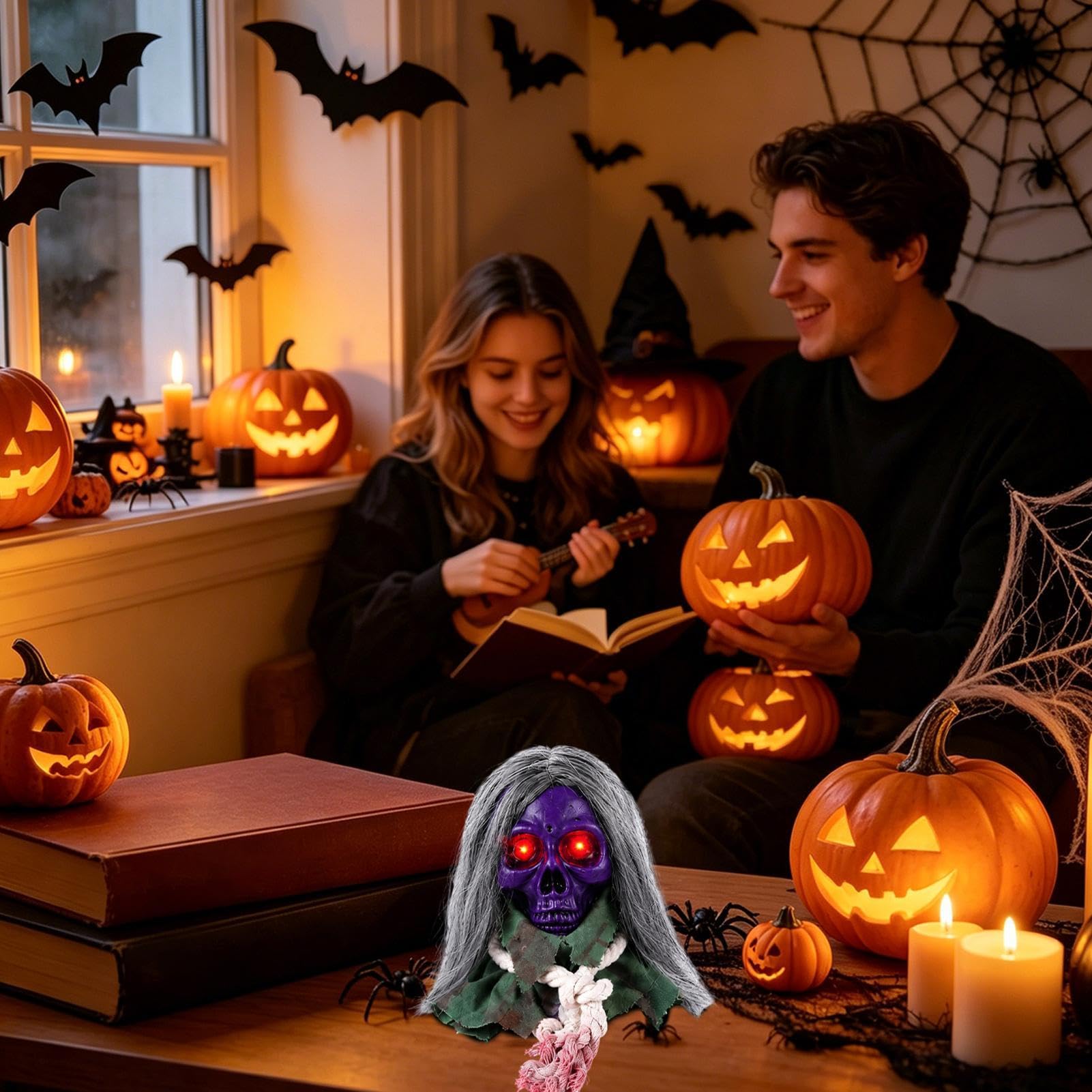 Czaszki Dekoracje Halloweenowe Z Świecącymi Oczami, Animowane I Aktywowane