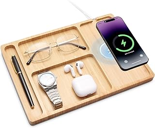 Valet Tray, Built-in Wireless Charger, Nightstand Organizer, Bamboo Desk...