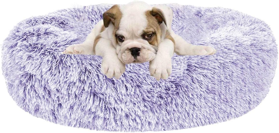 Calming Donut Dog Bed Faux Fur Pet Bed Self Warming Cuddler Washable Round Pet Bed Cat Bed Comfortable Round Plush Indoor Sleeping Dog Beds Cat Cushion Bed for Small Dogs 20" Purple