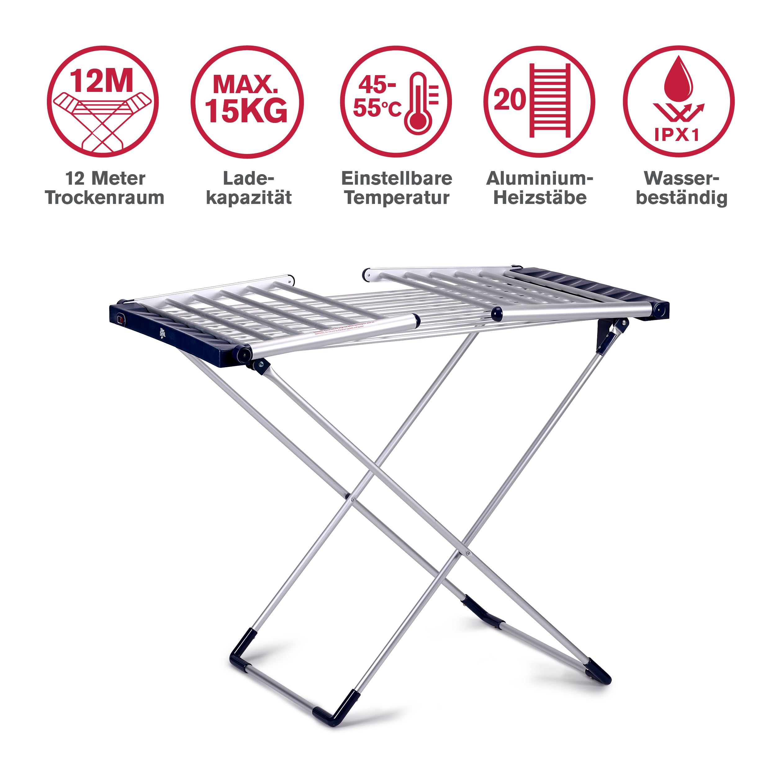Dirt Devil Wäscheständer Beheizbar DD6003 – Trockenstab - Badheizkörper - Standtrockner 230W – Hochständer Wäschständer – 12 m Trockenlänge - Beheizbarer Wäscheständer IPX1 Schutz - Aluminium