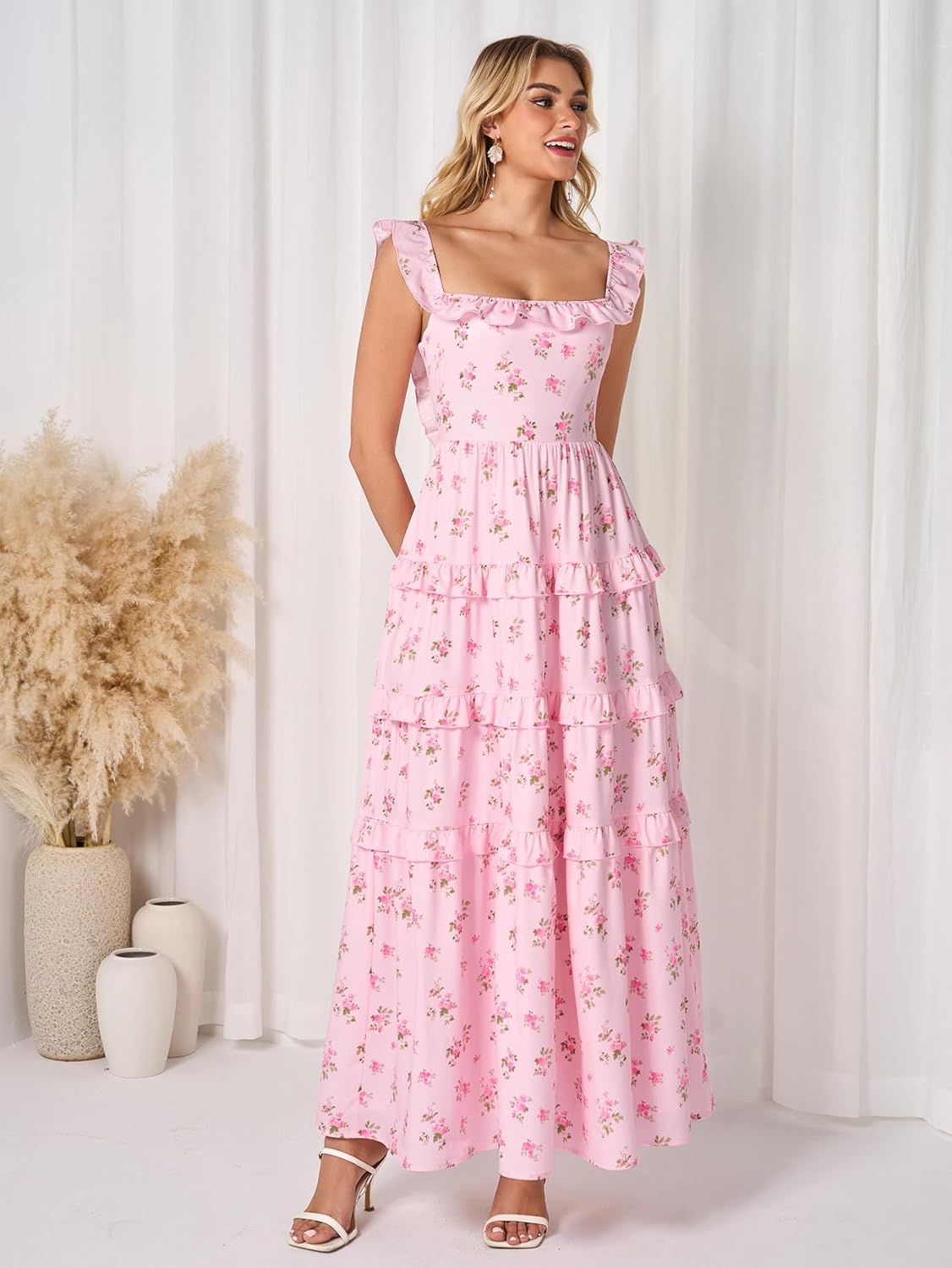 EYNMIN Women's Summer Floral Boho Maxi Dress Tiered Ruffle Smocked Long Flowy Beach Wedding Guest Dresses Casual Sundress