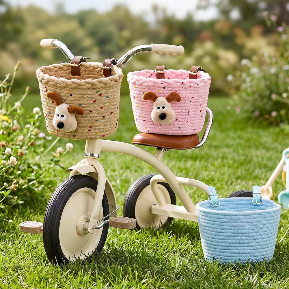 Cestino per bicicletta per bambini in corda di cotone con cinghie in pelle