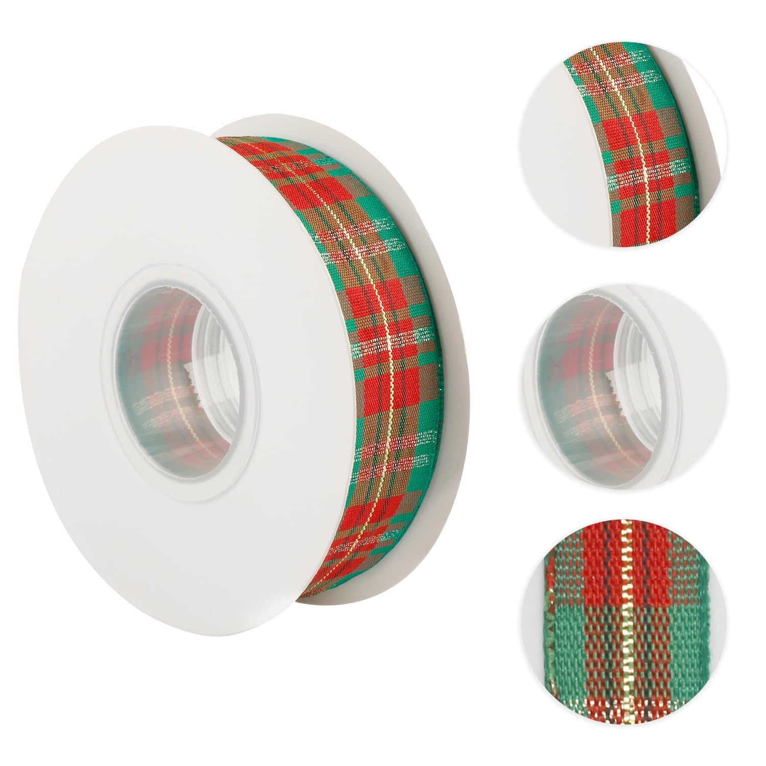 Rumyve Red Green Wired Tartan Ribbon, 2.5cm x 762cm, Polyester, Christmas, Holiday, Classic Plaid - Image 3