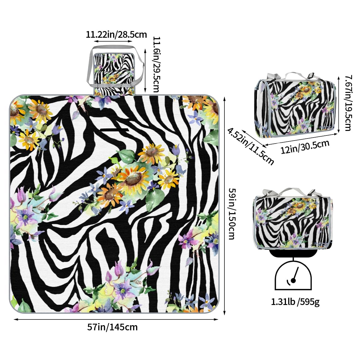 Picnic Blankets 57”x 59”, Sunflower Zebra Pattern Waterproof Sandproof Picnic Mat Lightweight Foldable Beach Blanket for Camping Park Grass Beach Outdoor Blanket