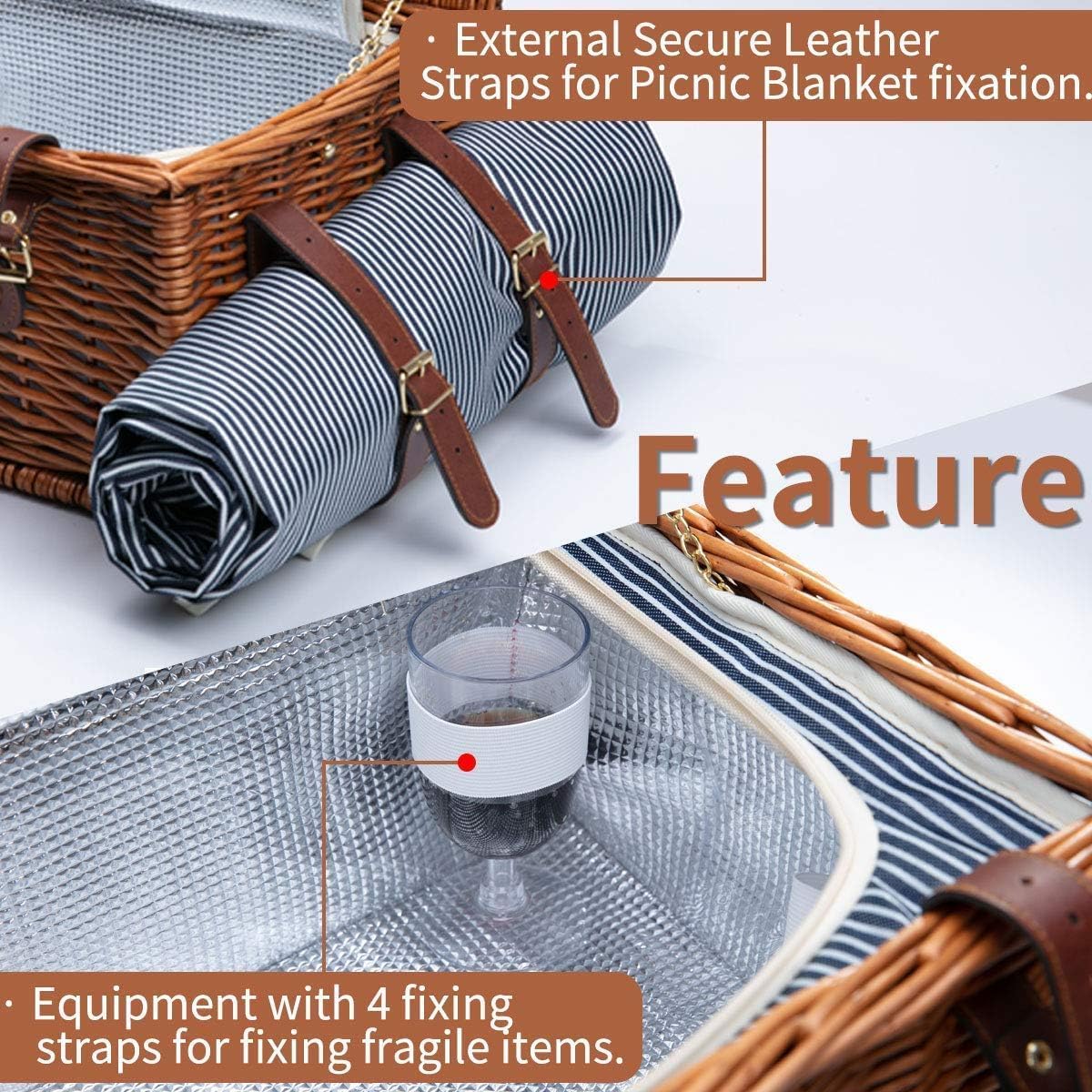 Cestino da Picnic in Vimini per 4 Persone con Scompartimento Isotermico, Coperta da Picnic Impermeabile e Kit di Posate, Cestini PIC Nic per Campeggio, Escursioni, Barbecue e Regali Famiglie