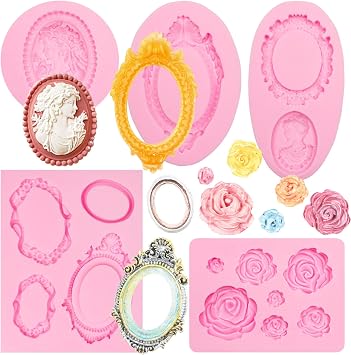 Vintage victorian Picture oval Frame molds Rose Flowers Fondant Molds mirror Frame Chocolate mould for Cake Decoration Cupcake Topper Candy Gum Paste Set of 5