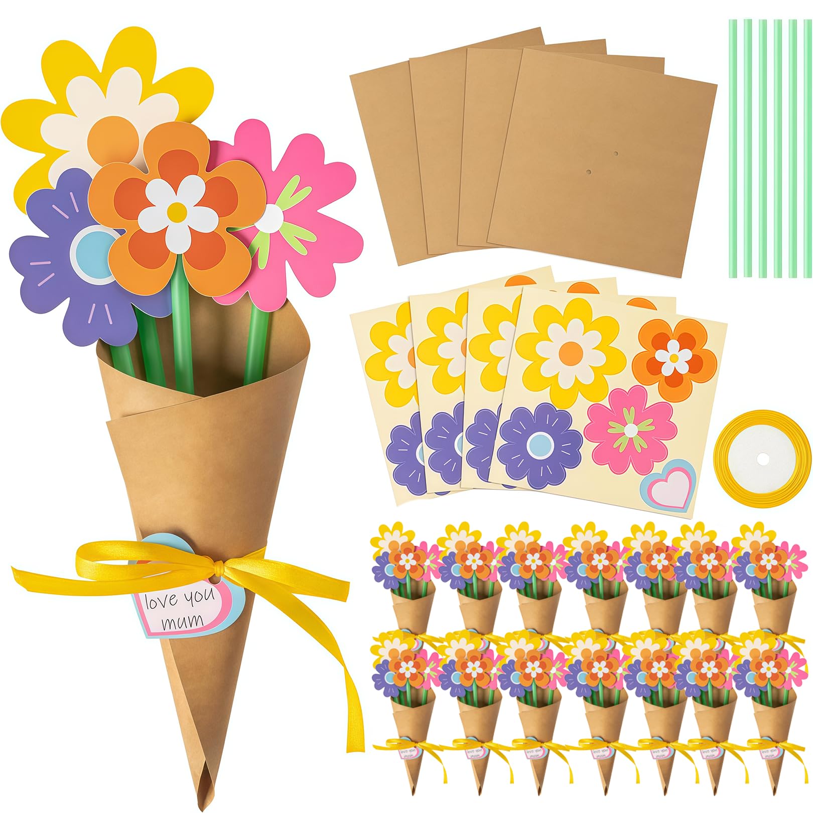 Flankor 12 Pack Mothers Day Crafts for Children, Flower Bouquet Craft Kit, Make Your Own Bunch of Flowers Teacher Appreciation Week DIY Thankful Gift Set