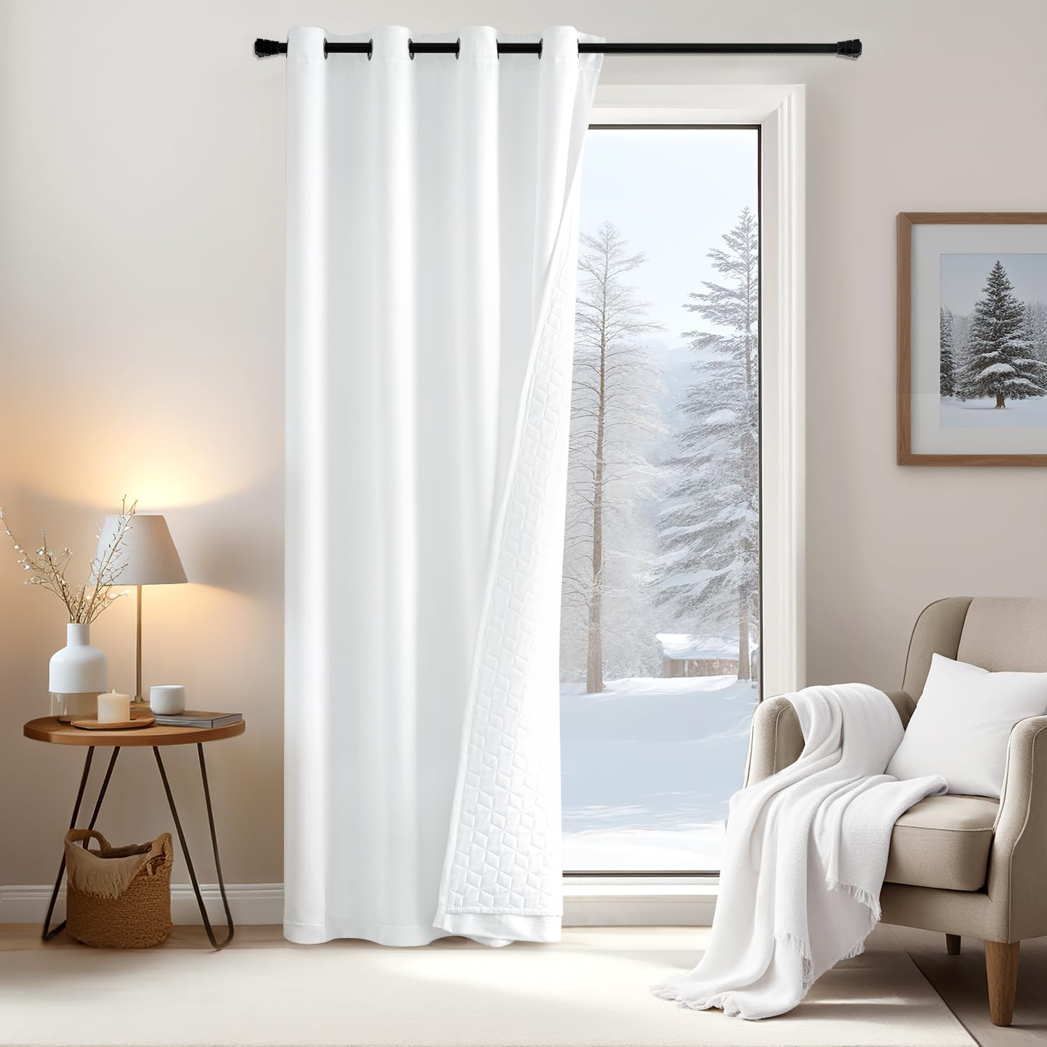 EMEMA Cortinas Opacas de Doble Capa, Aislantes Térmicos, Protegen del Frío y el Viento. Cortina de Oscurecimiento para Ventanas o Puertas, Ideal para Invierno. Medidas: 175x132 cm, Color Blanco.