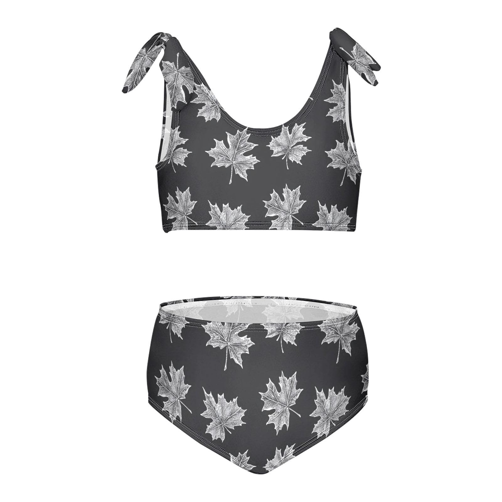 Black and White Leaves Girls Tankini Swim Set, Two Piece Swimsuits Summer Bikini Swimwear Set for Girls, 4T