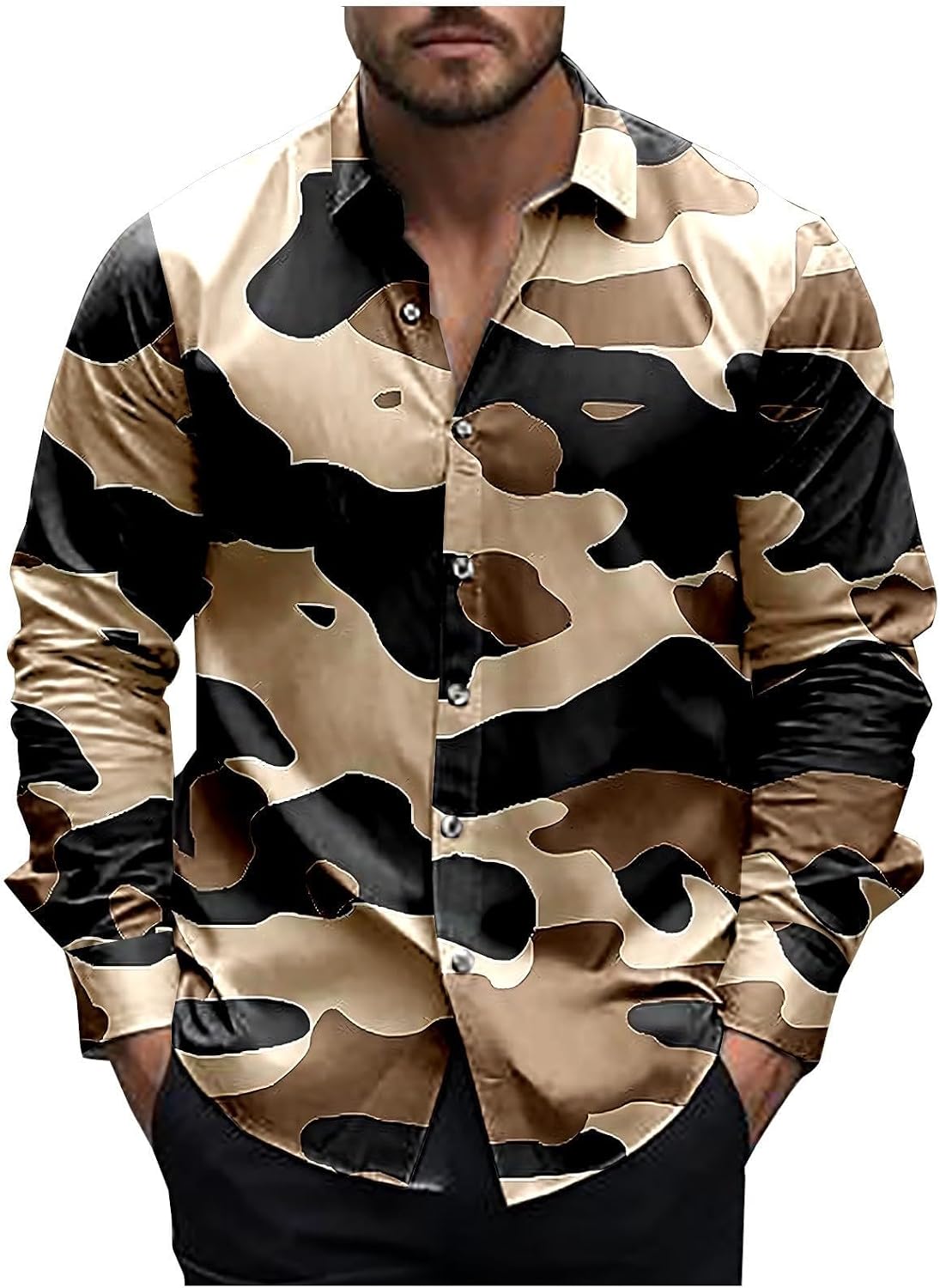 Camo Shirts for Men Trendy Button Down Long Sleeve Shirt Outdoor Casual Losse Collared Tees Spring Fashion Tops