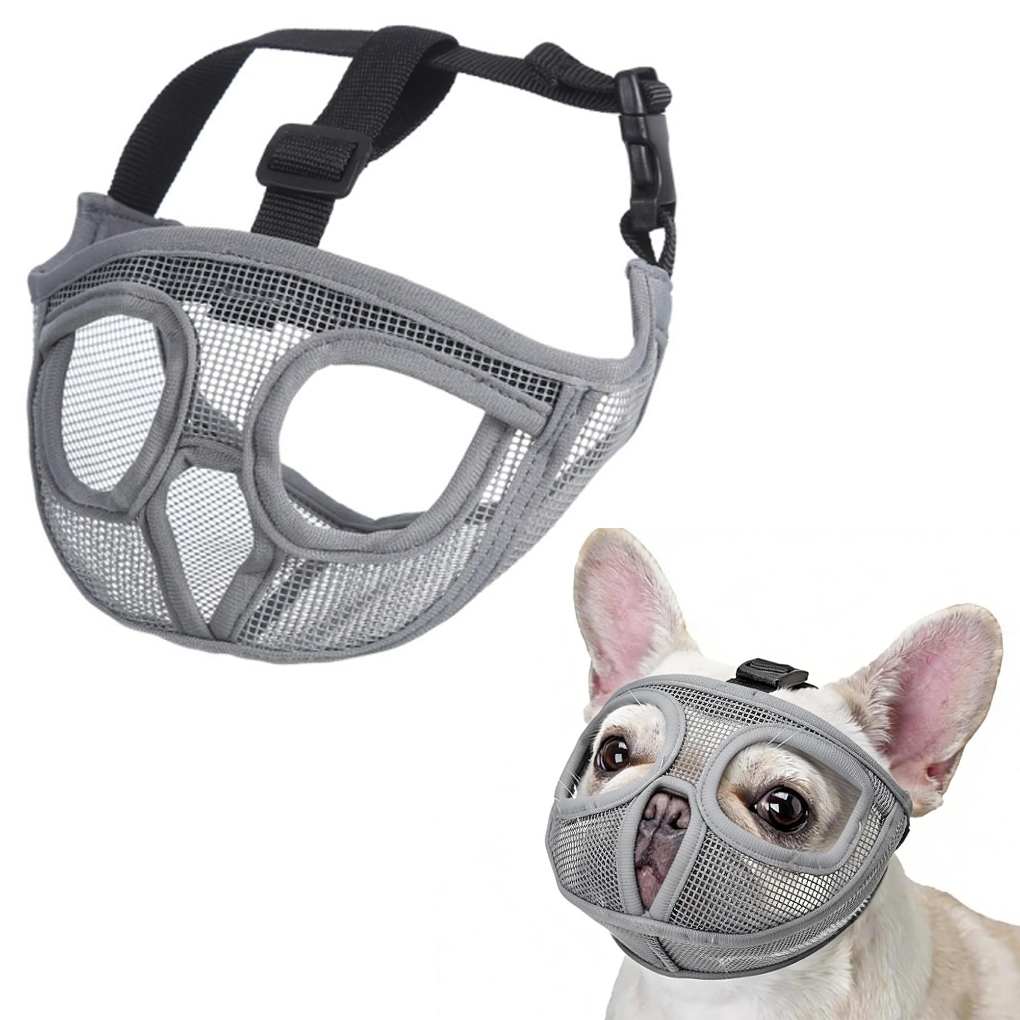 JOYPAWS Short Snout Dog Muzzle, French Bulldog Muzzle with Soft Mesh Adjustable Anti Bitting Chewing Barking for Large Breeds Pug/Shih Tzu/Boston Terrier Grey L-3